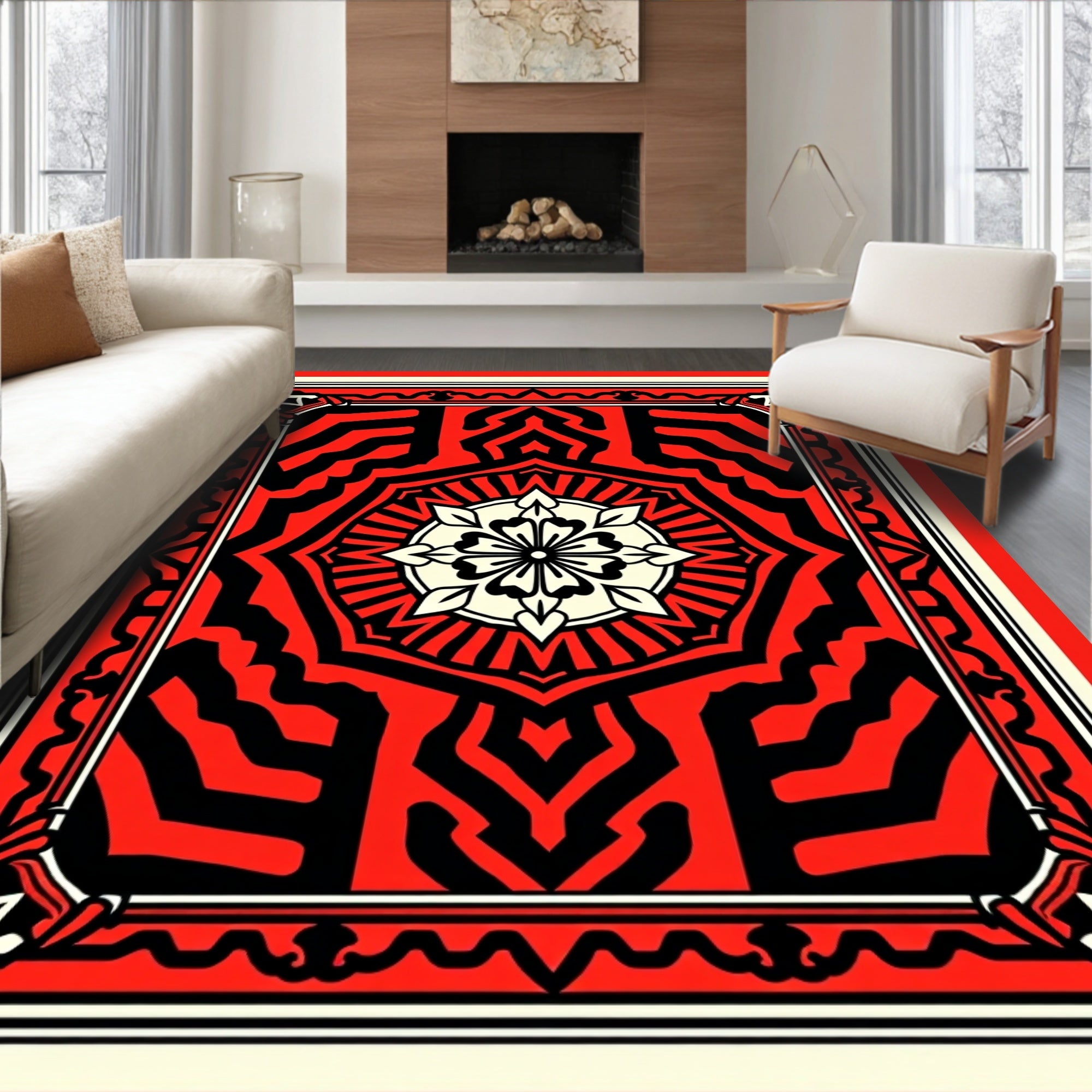 Bold Red Black Floral Mandala Pattern Rug