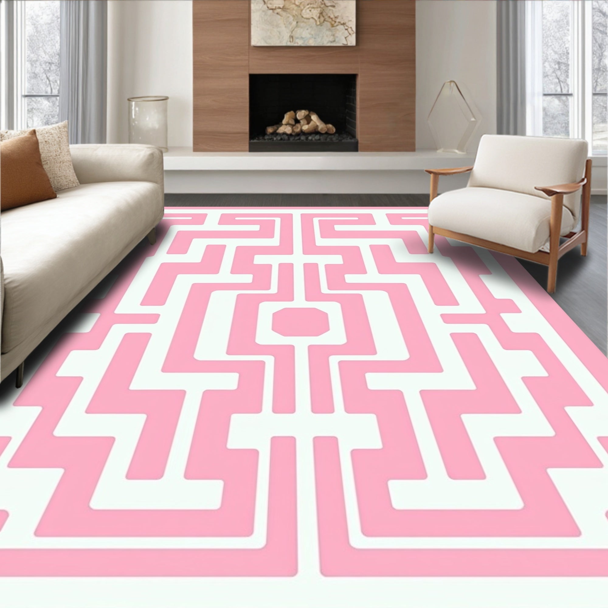 Pink Geometric Maze Pattern Rug