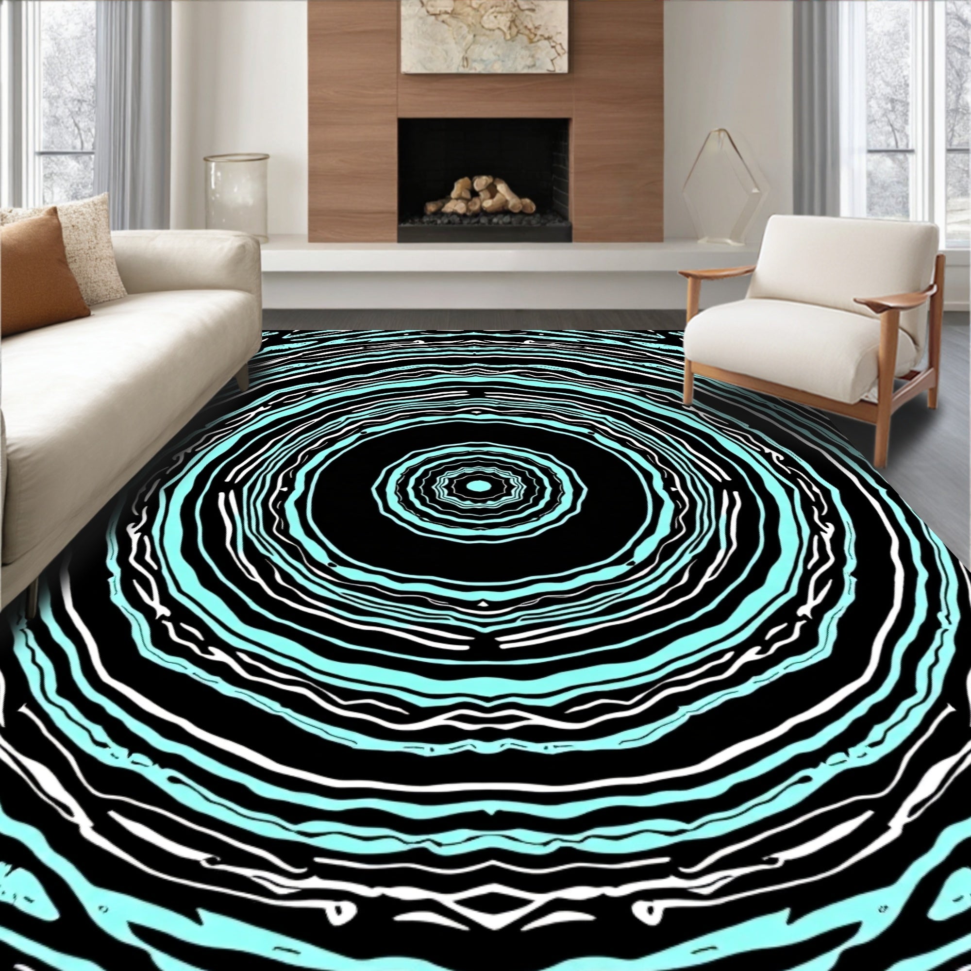 Abstract Cyan White Concentric Rings Rug