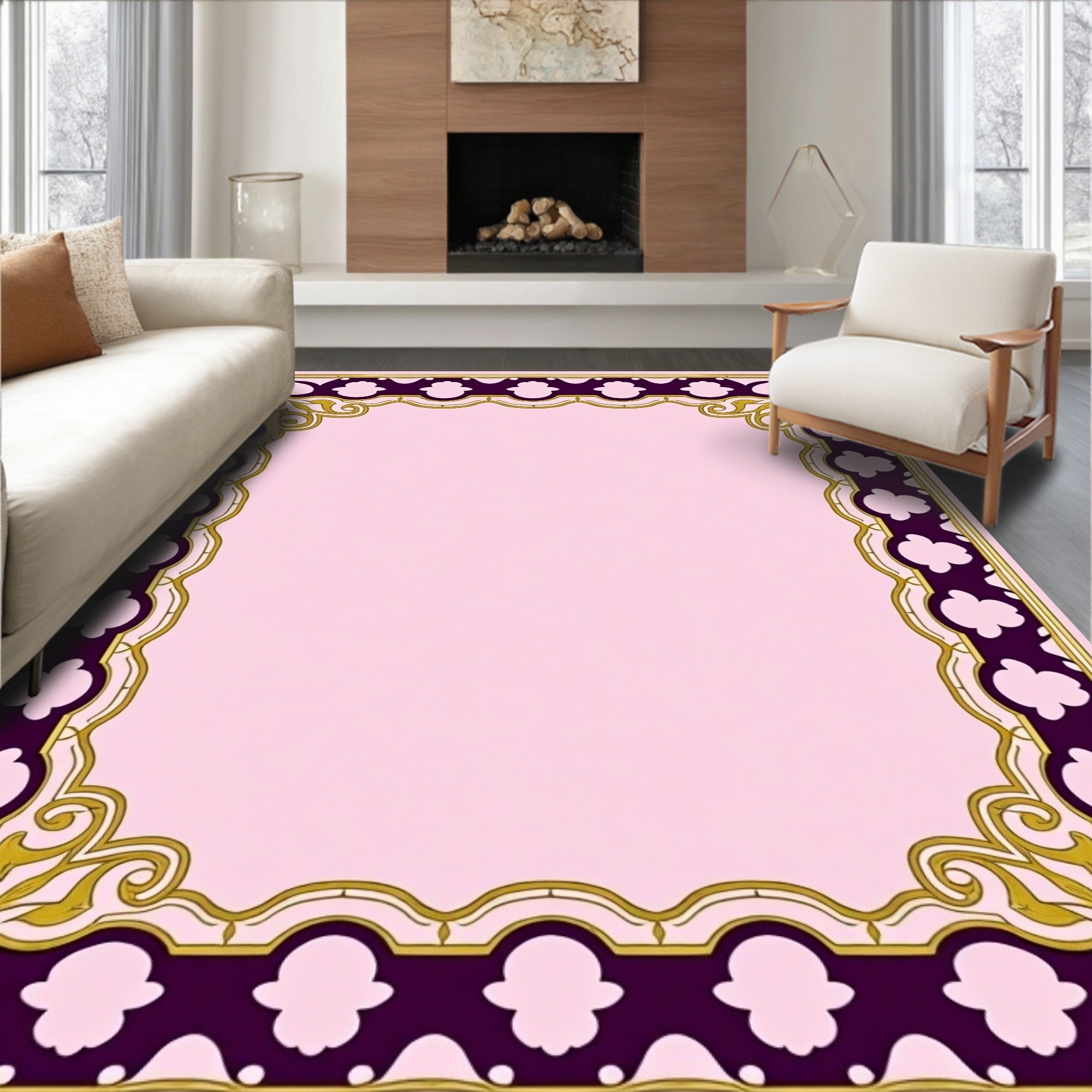 Regal Purple Gold Floral Border Design Rug