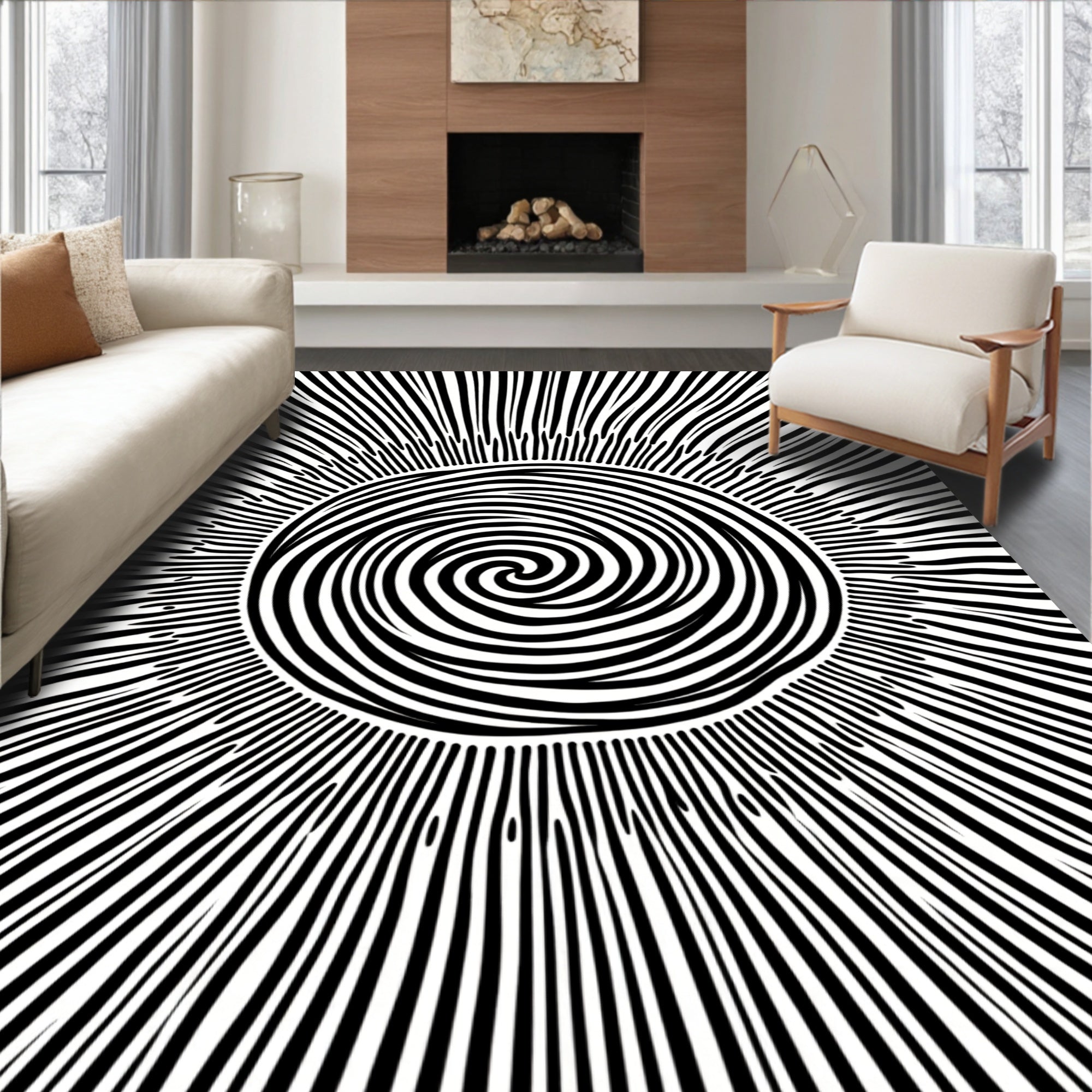 Black White Swirl Sunburst Design Rug