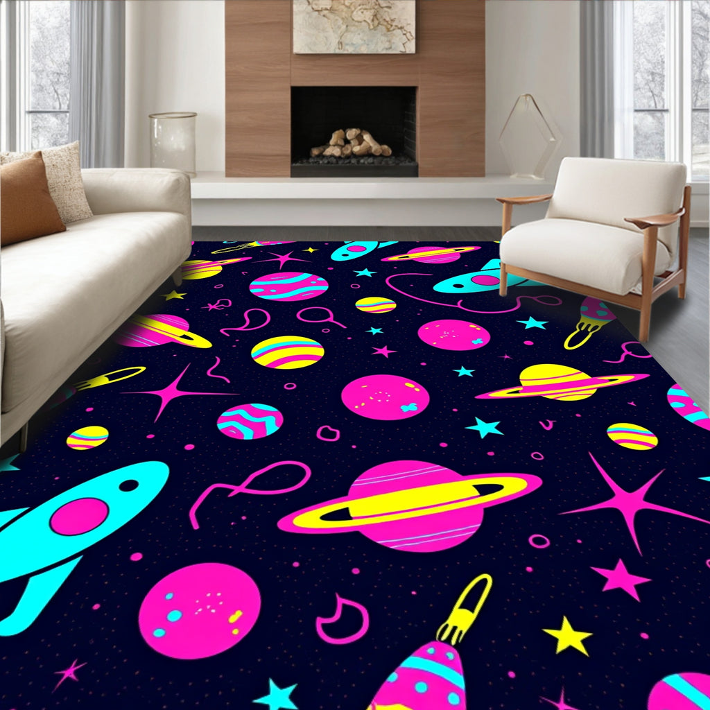 Retro Space Rocket Planets Neon Rug