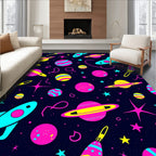 Retro Space Rocket Planets Neon Rug