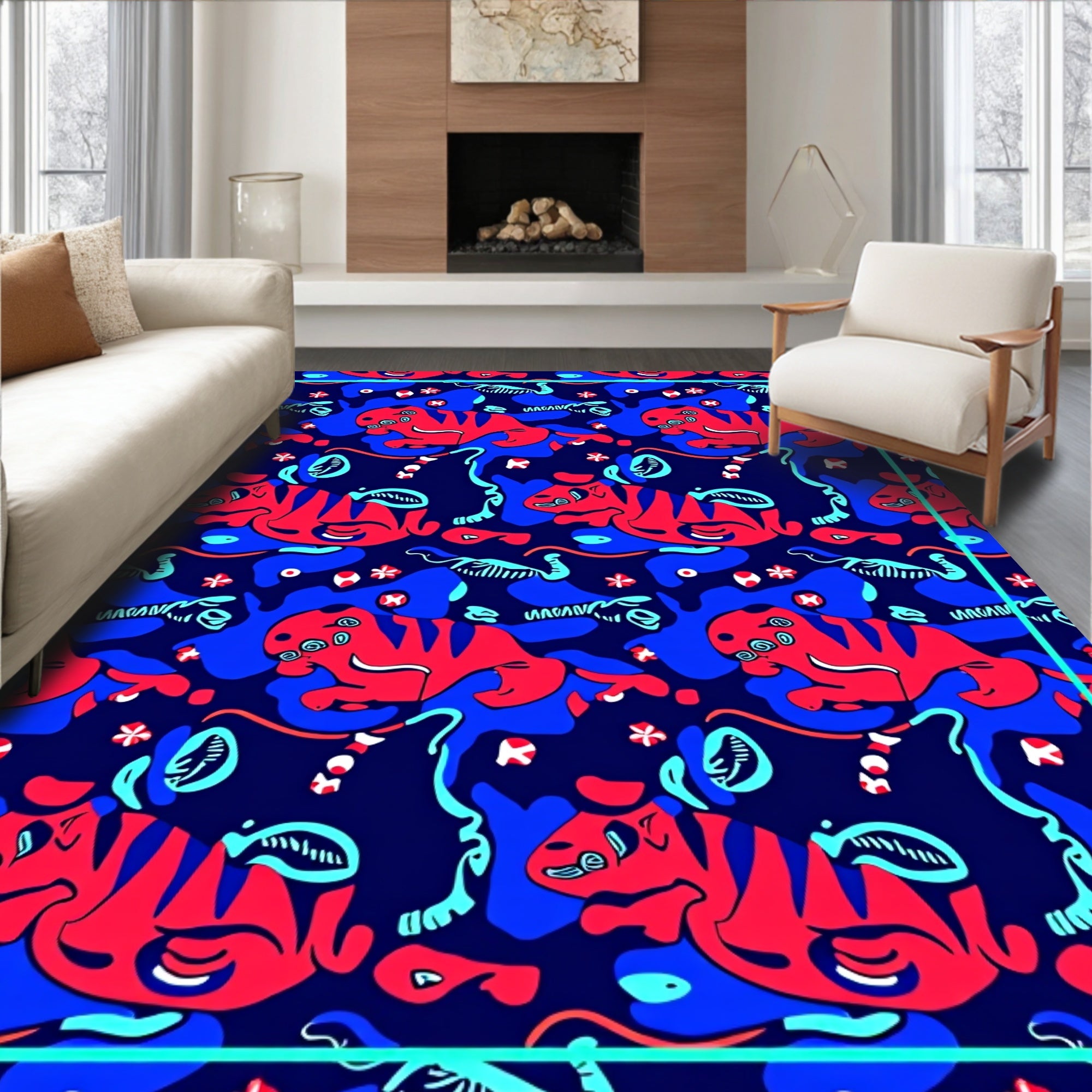 Red Blue Abstract Animal Pattern Rug