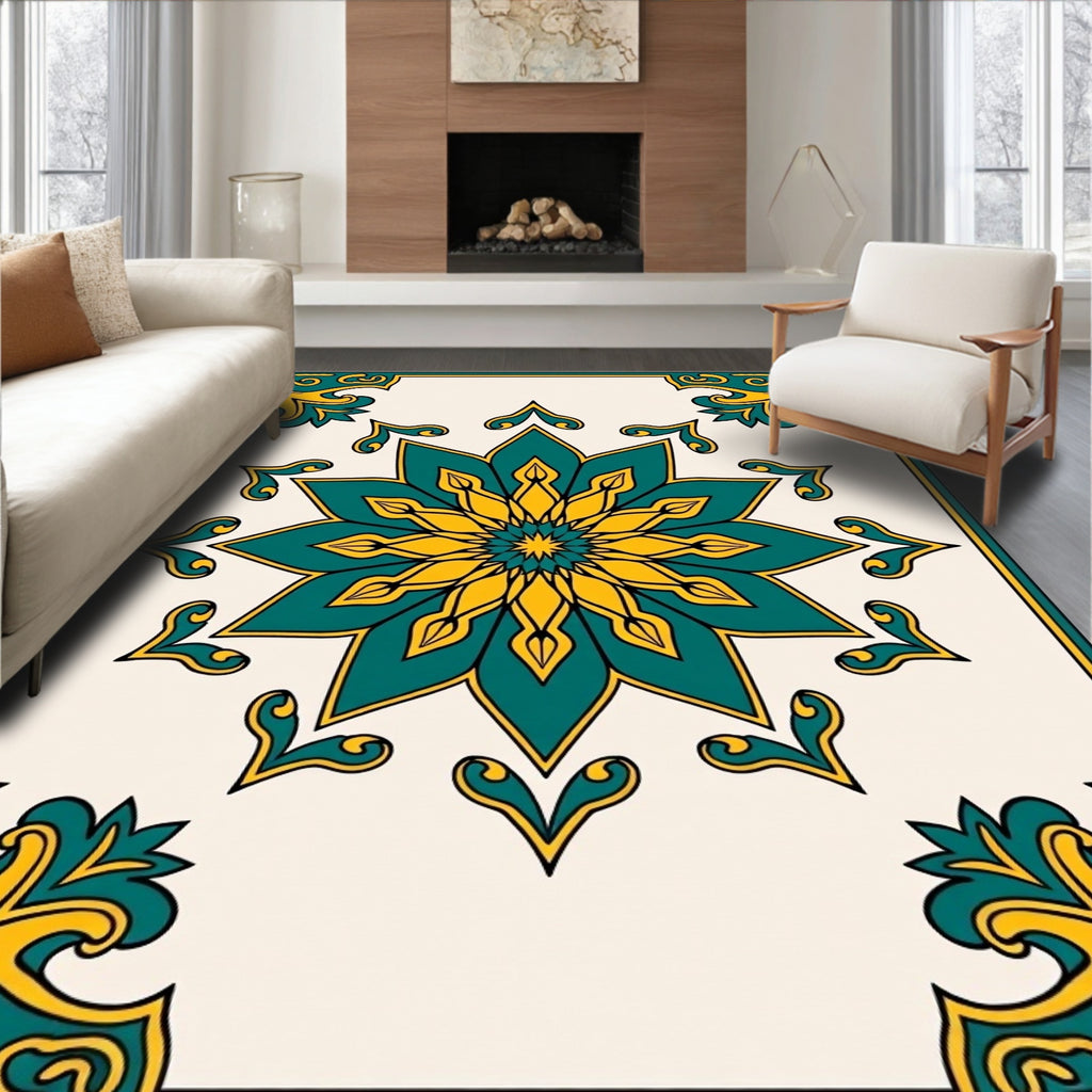 Turquoise Yellow Floral Mandala Design Rug