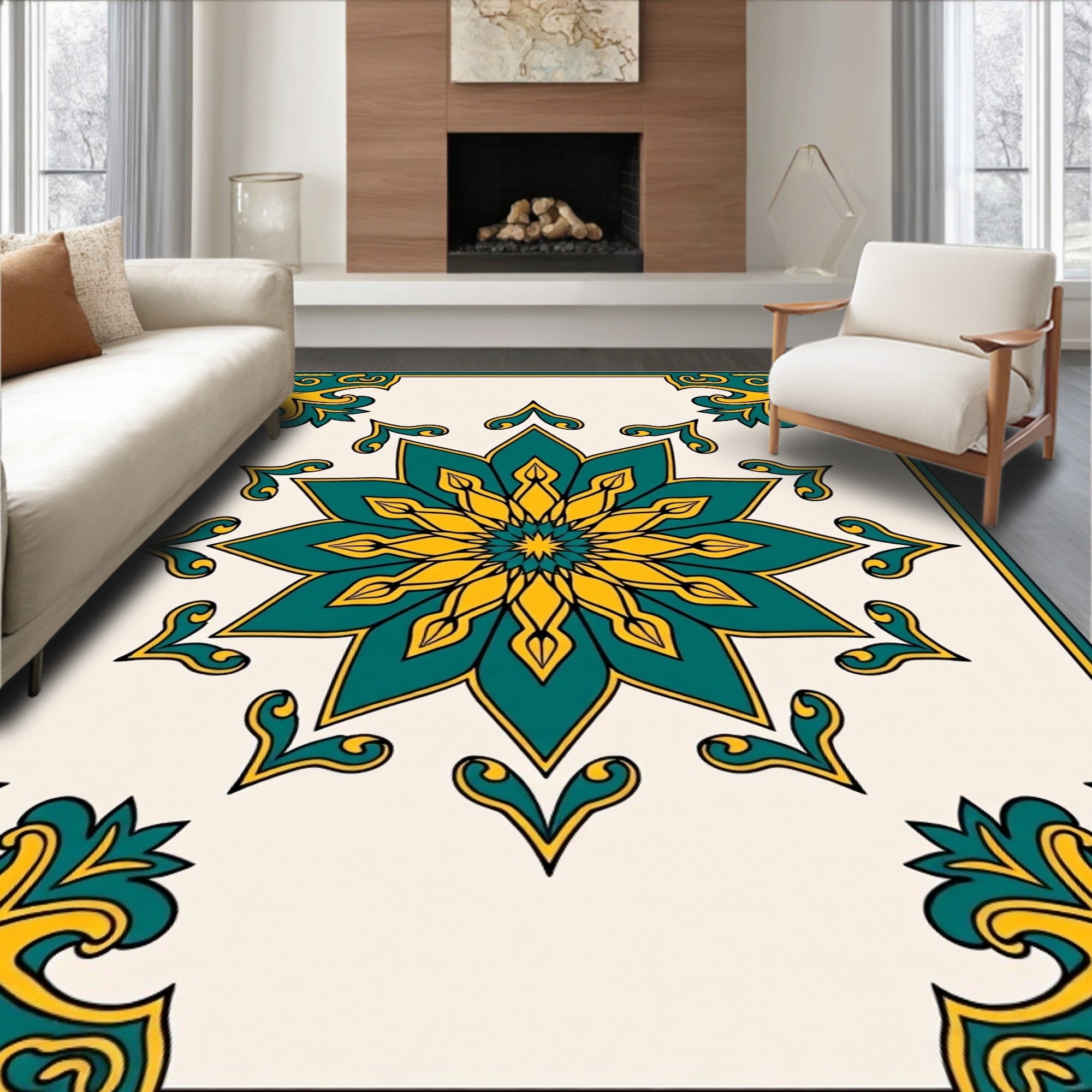 Turquoise Yellow Floral Mandala Design Rug