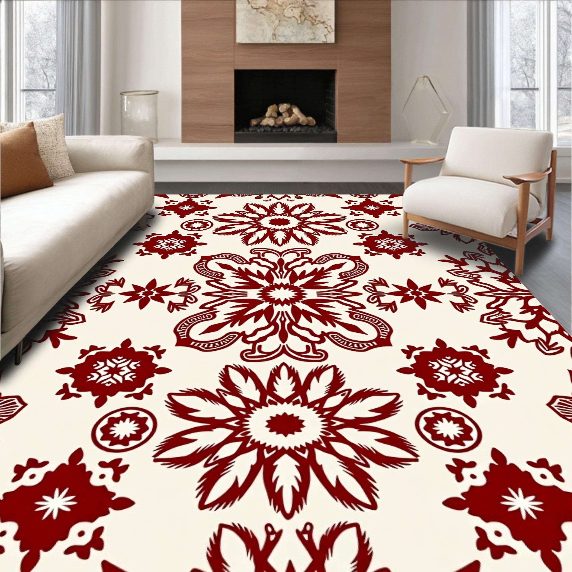 Rich Red Floral Medallion Pattern Rug