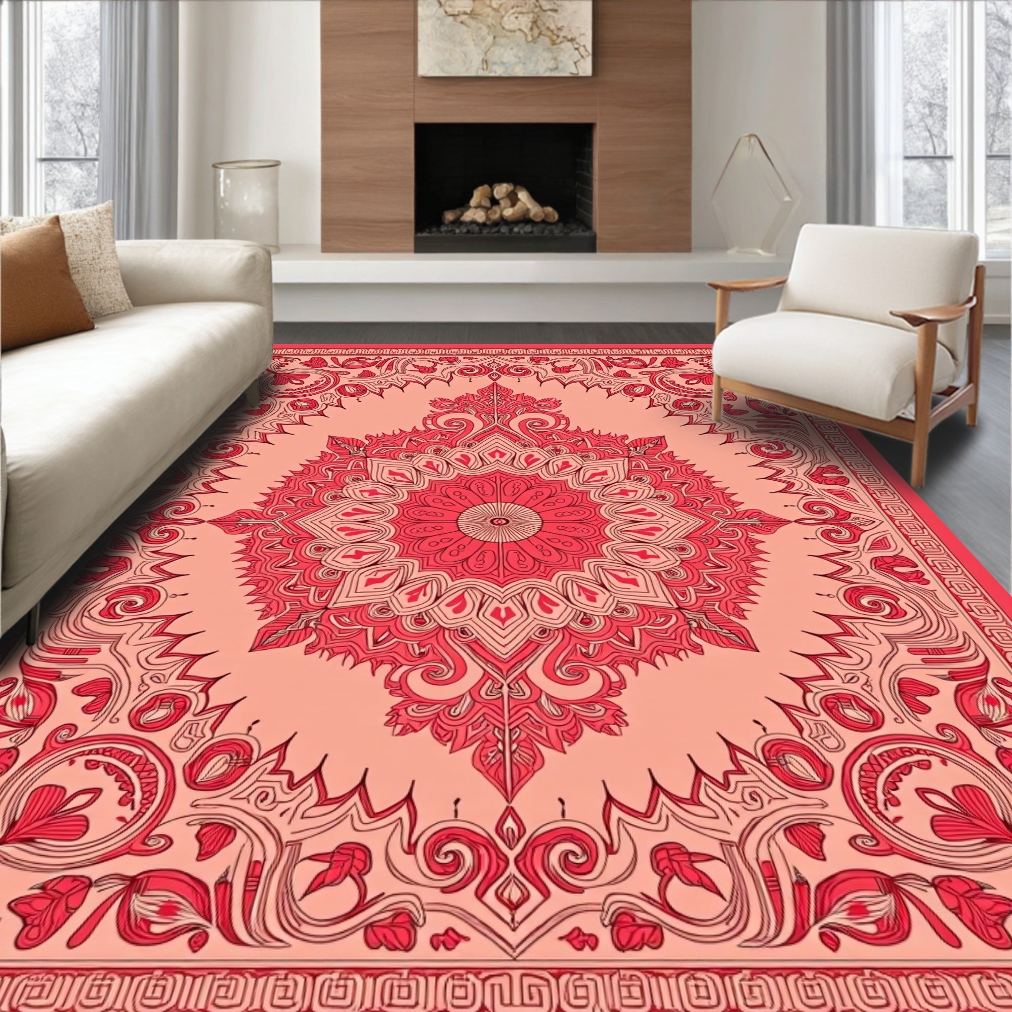 Elaborate Coral Floral Mandala Design Rug