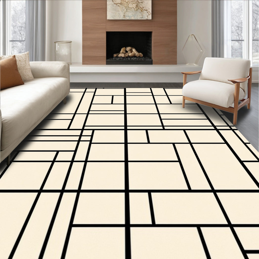 Geometric Grid Black and Cream Design Rug