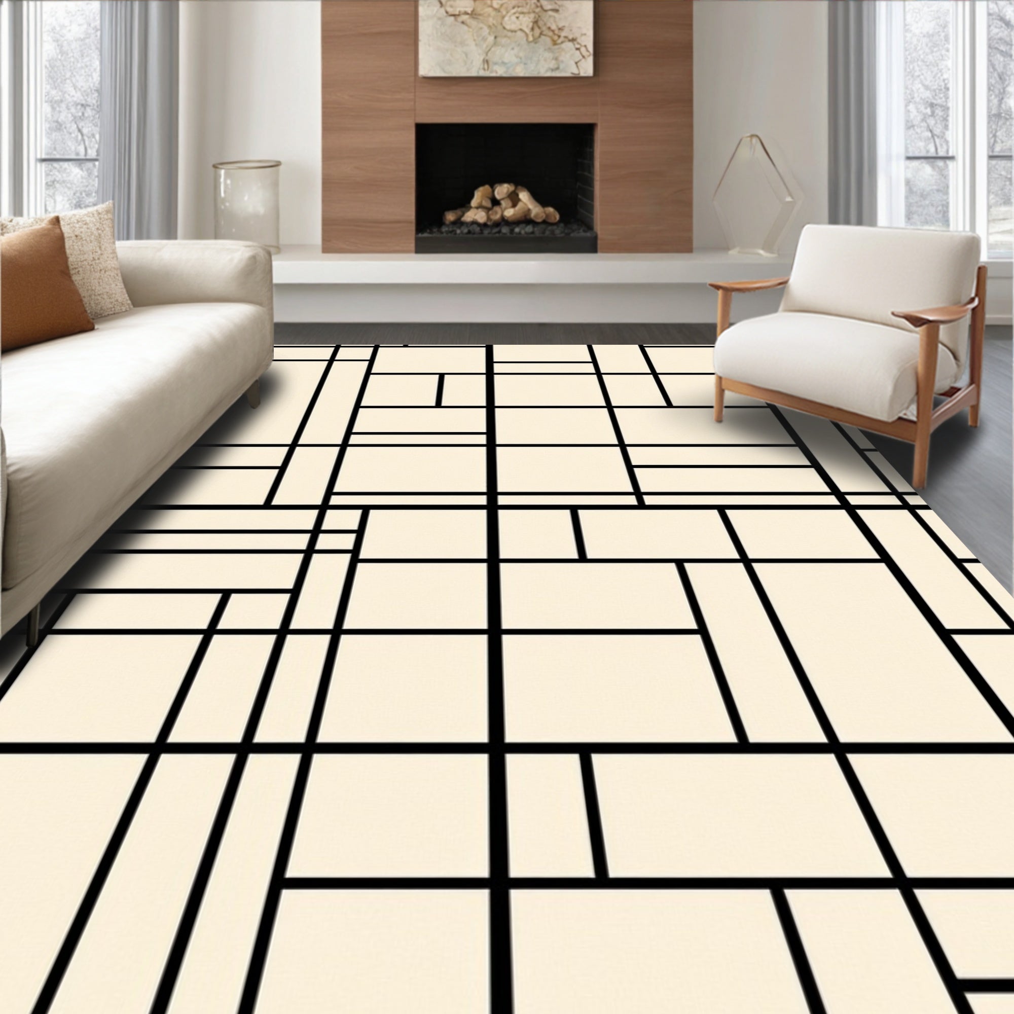 Geometric Grid Black and Cream Design Rug