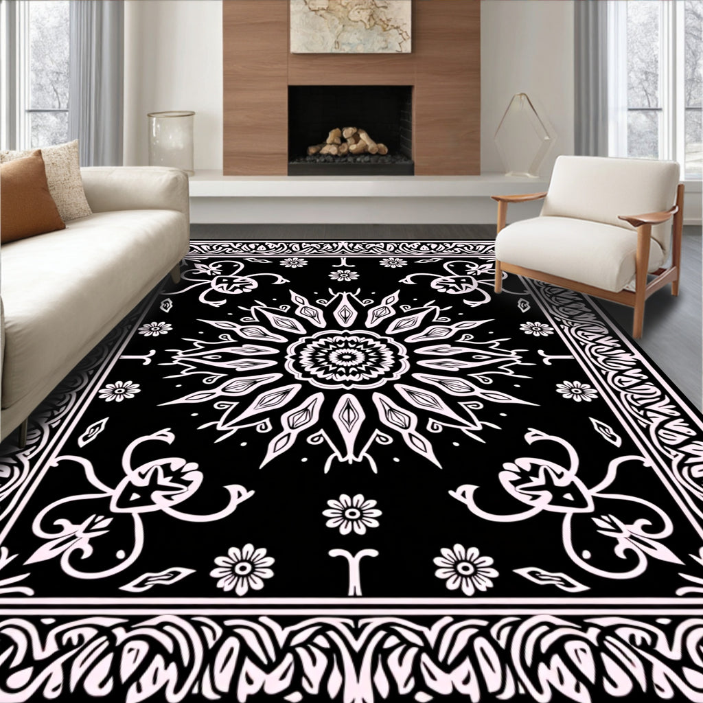 Black White Floral Mandala Pattern Rug