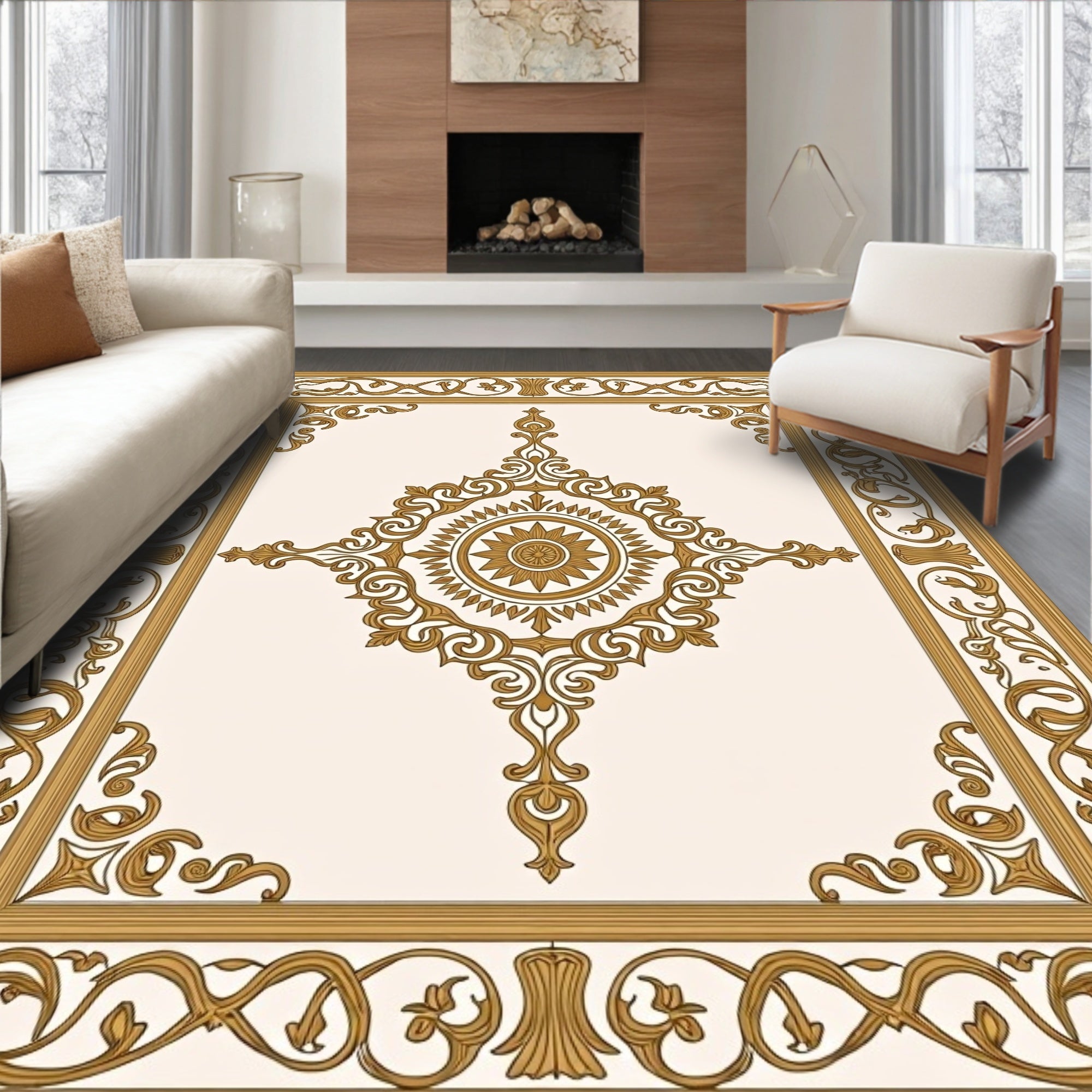 Golden Baroque Scroll Medallion Rug