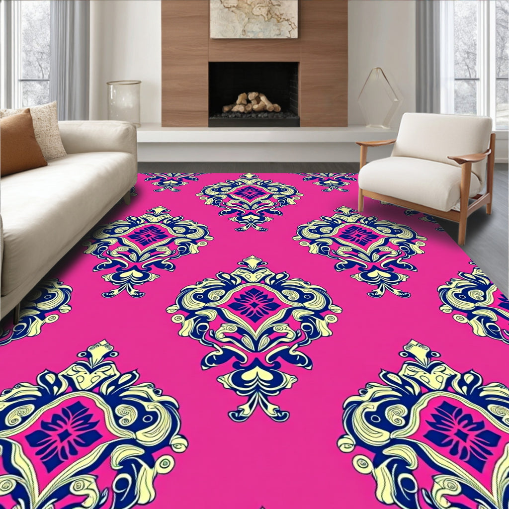 Vibrant Pink With Blue Yellow Damask Pattern Rug