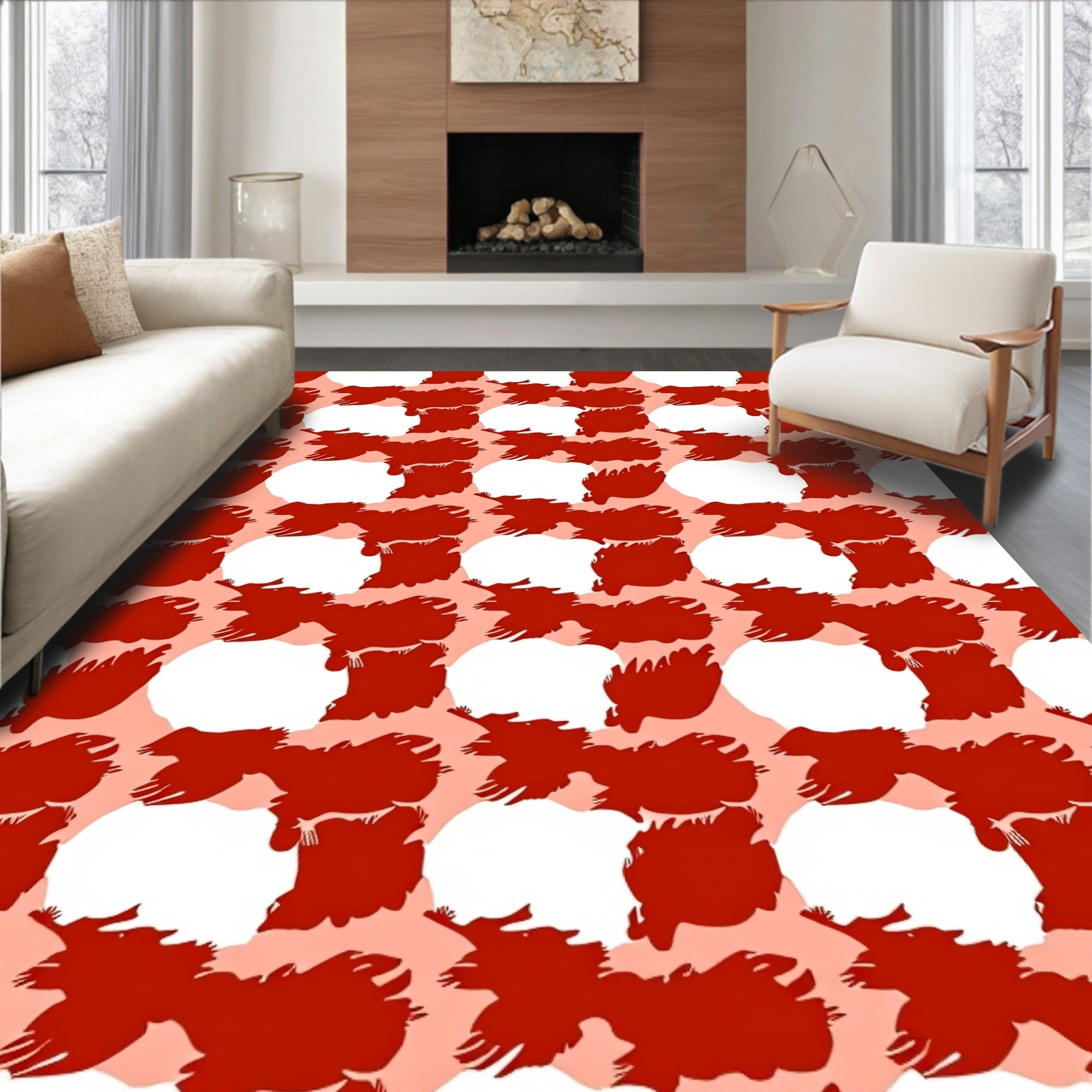 Abstract Red White Brushstroke Pattern Rug