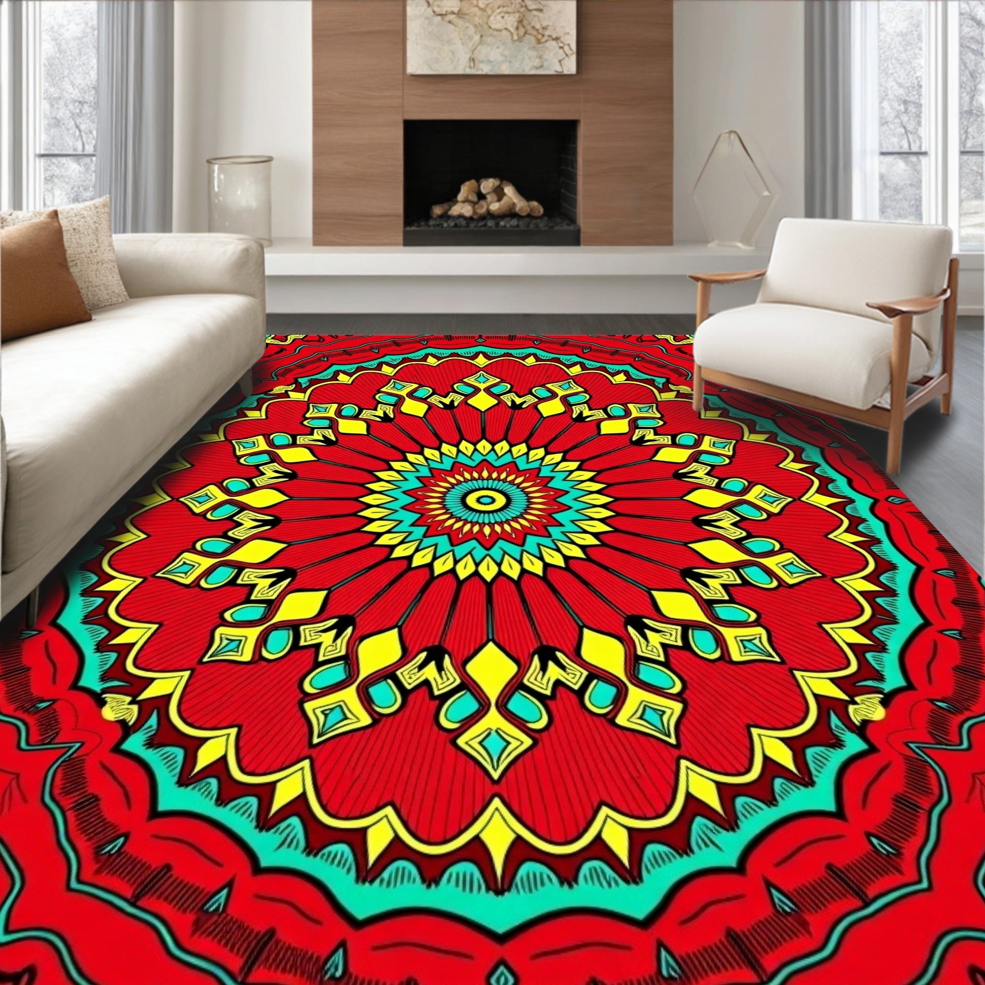 Vibrant Red Yellow Teal Mandala Rug