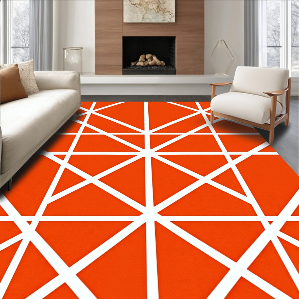 Bold White Geometric Lines on Orange Rug