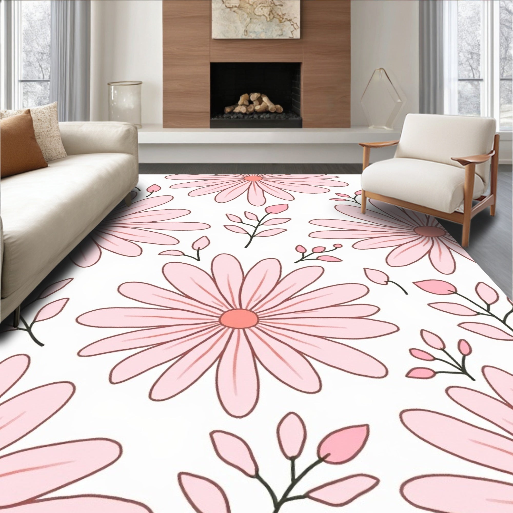 Soft Pink Daisy Floral Pattern Rug