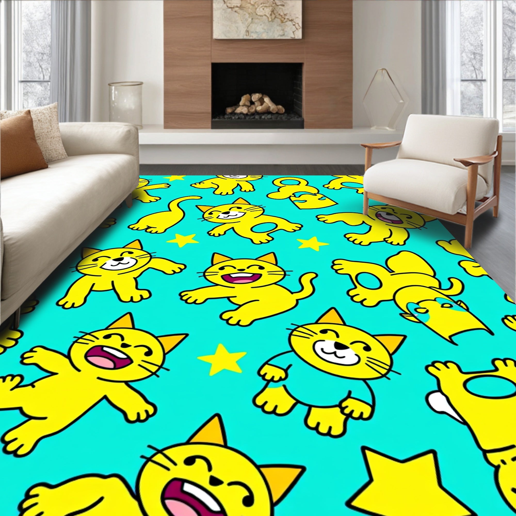 Playful Yellow Cat Star Pattern Rug