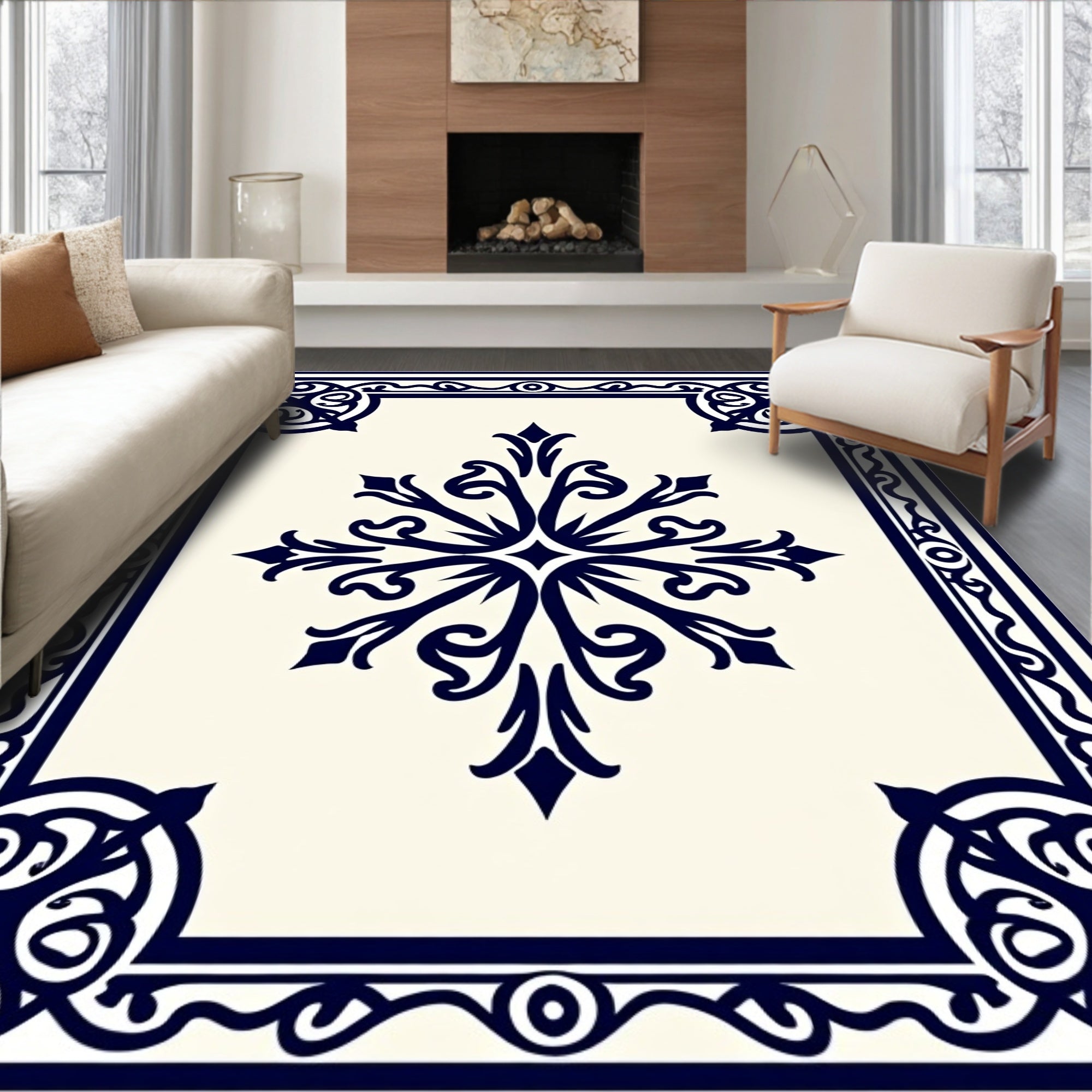 Classic Navy Floral Medallion Border Rug