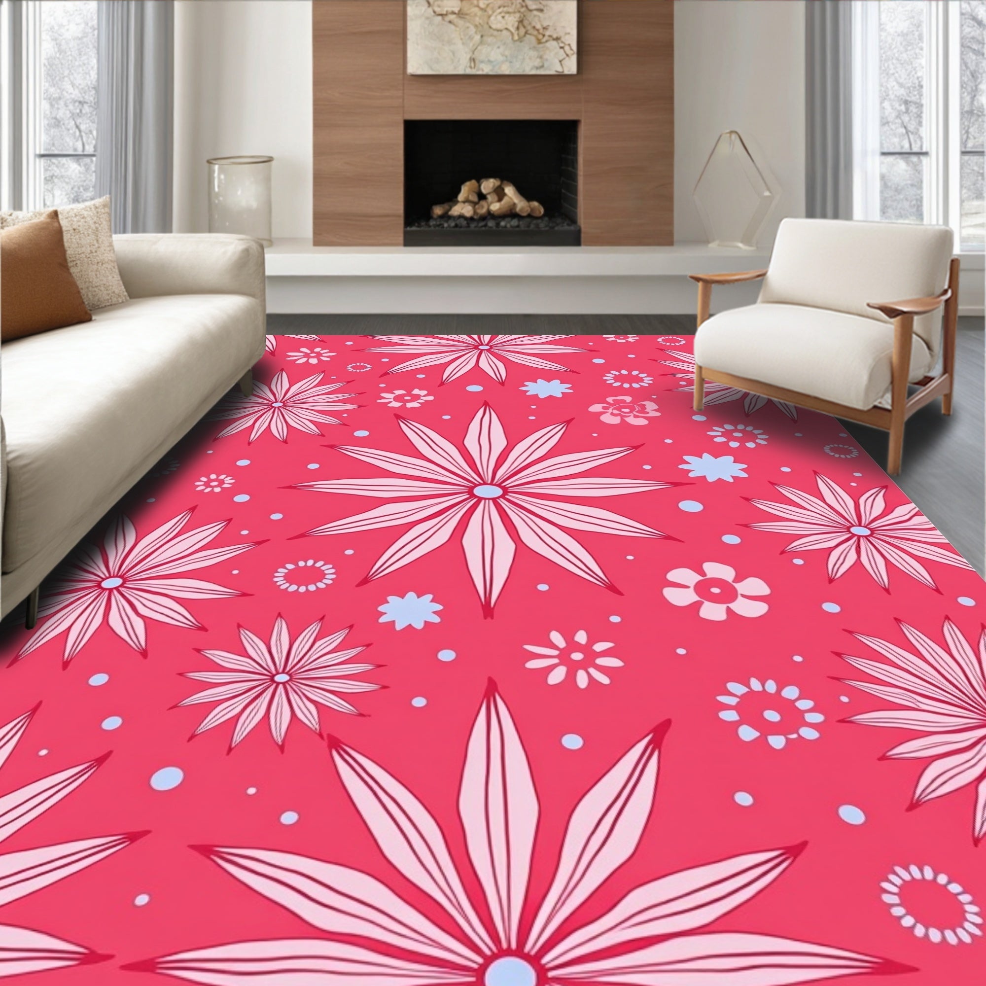 Coral Pink Starburst Floral Pattern Rug