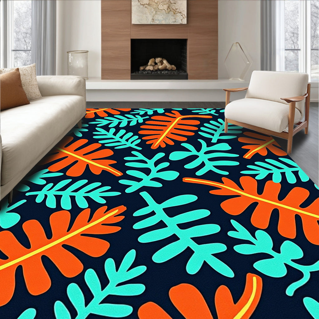 Vibrant Orange Aqua Leafy Collage Rug