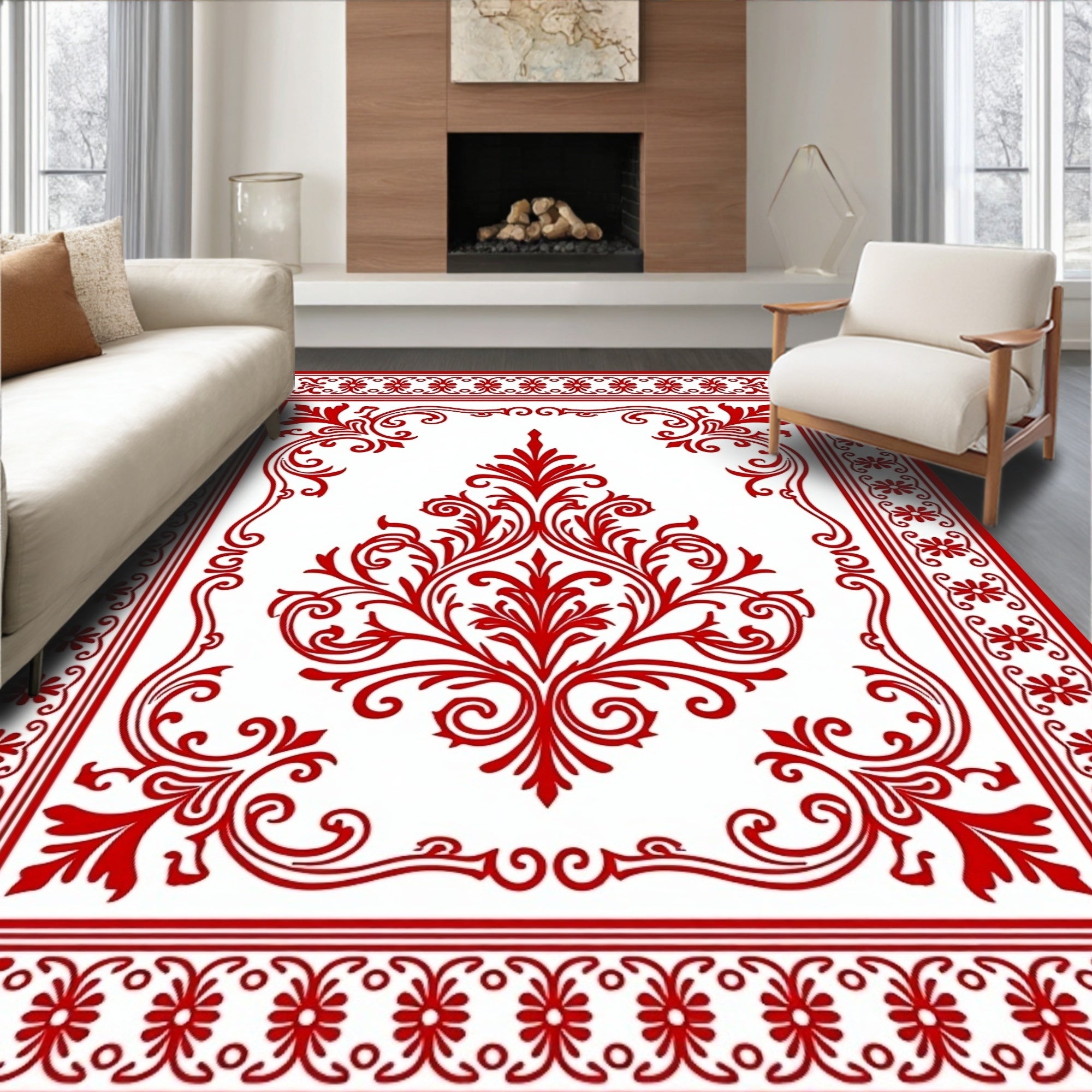 Red Floral Damask Ornate Pattern Rug