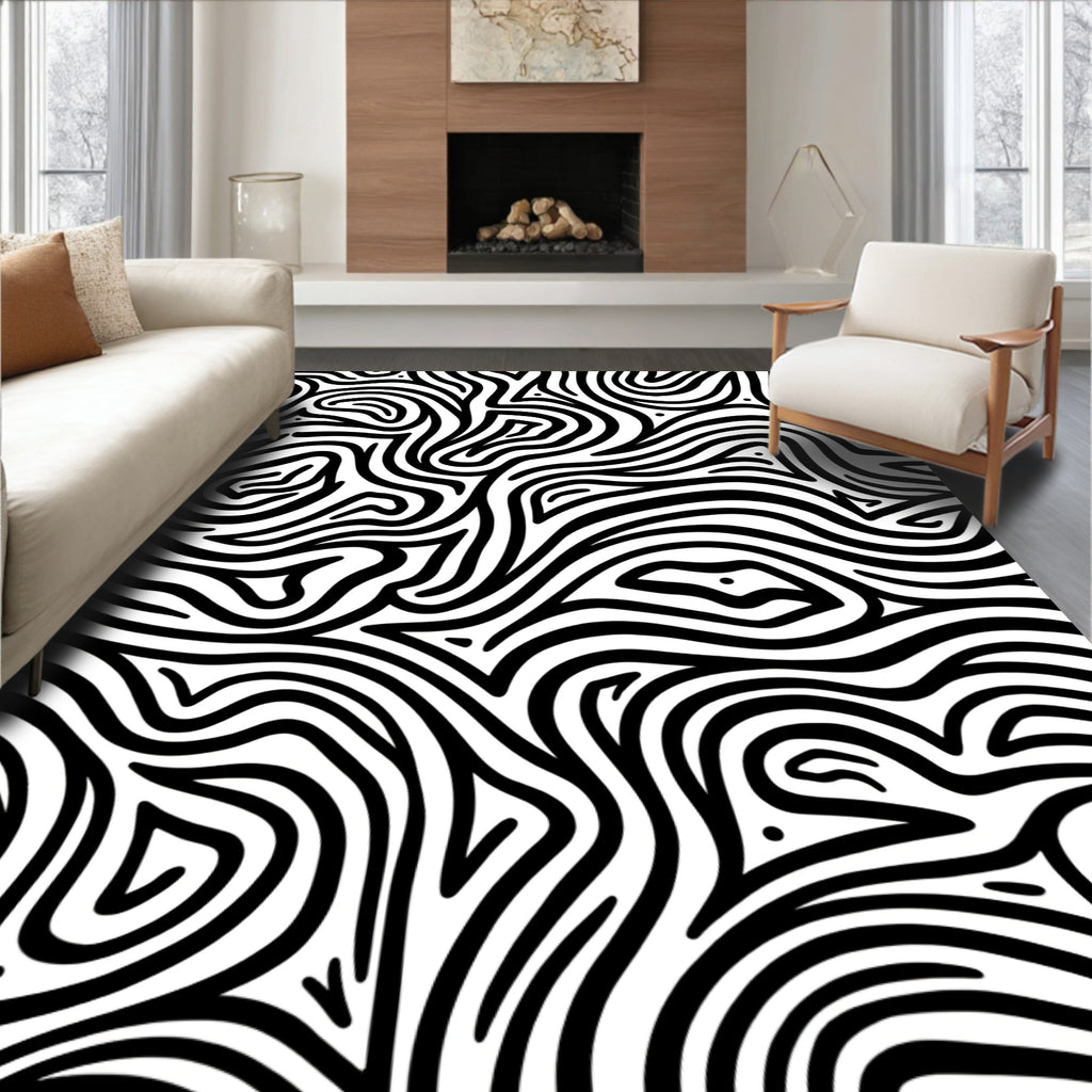 Abstract Black White Swirl Pattern Rug