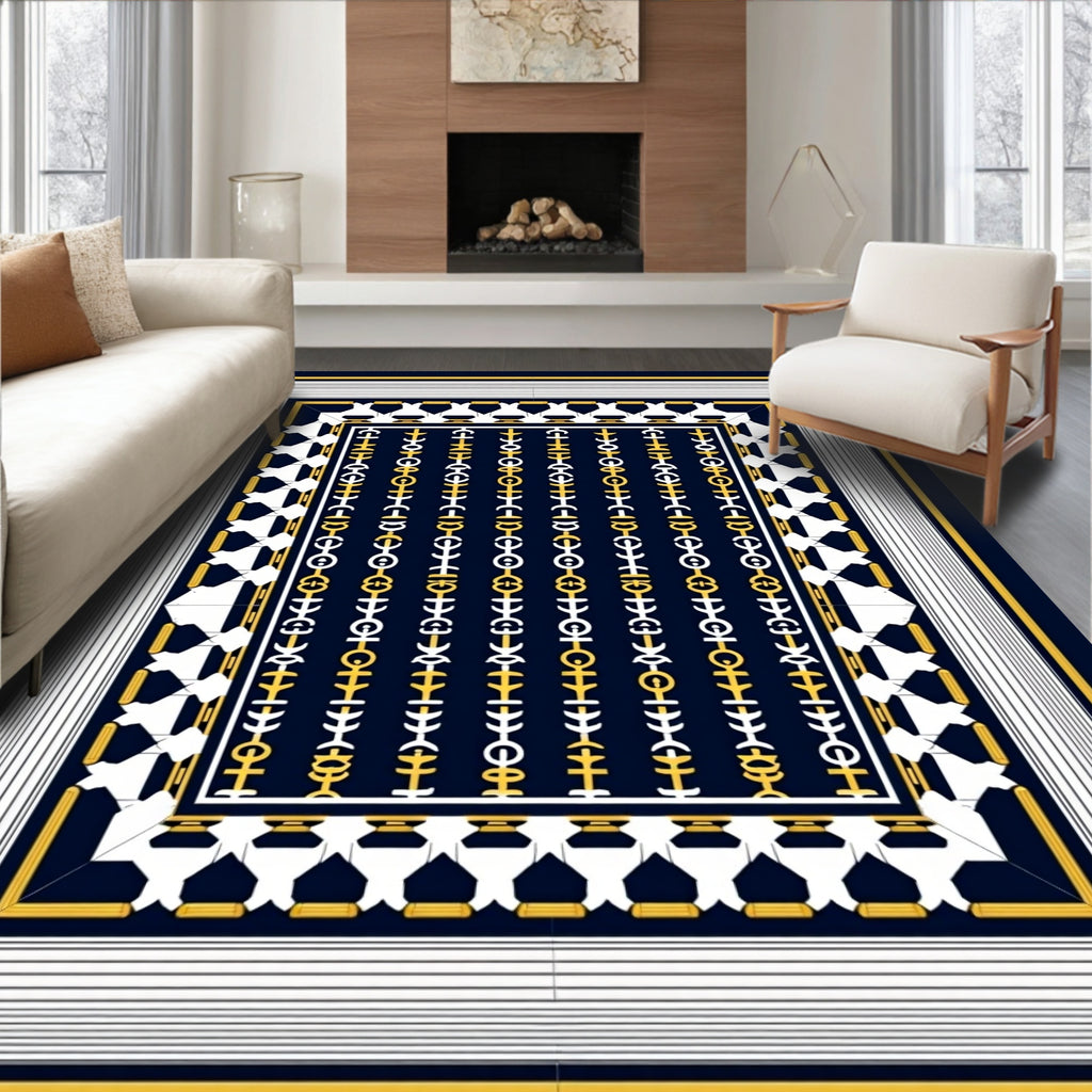 Classic Navy Geometric Chain Pattern Rug