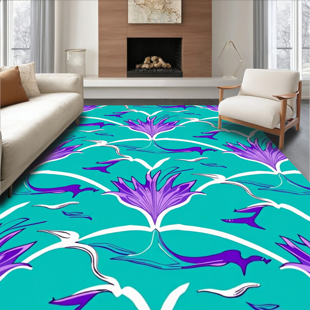 Bold Teal Purple Floral Pattern Rug