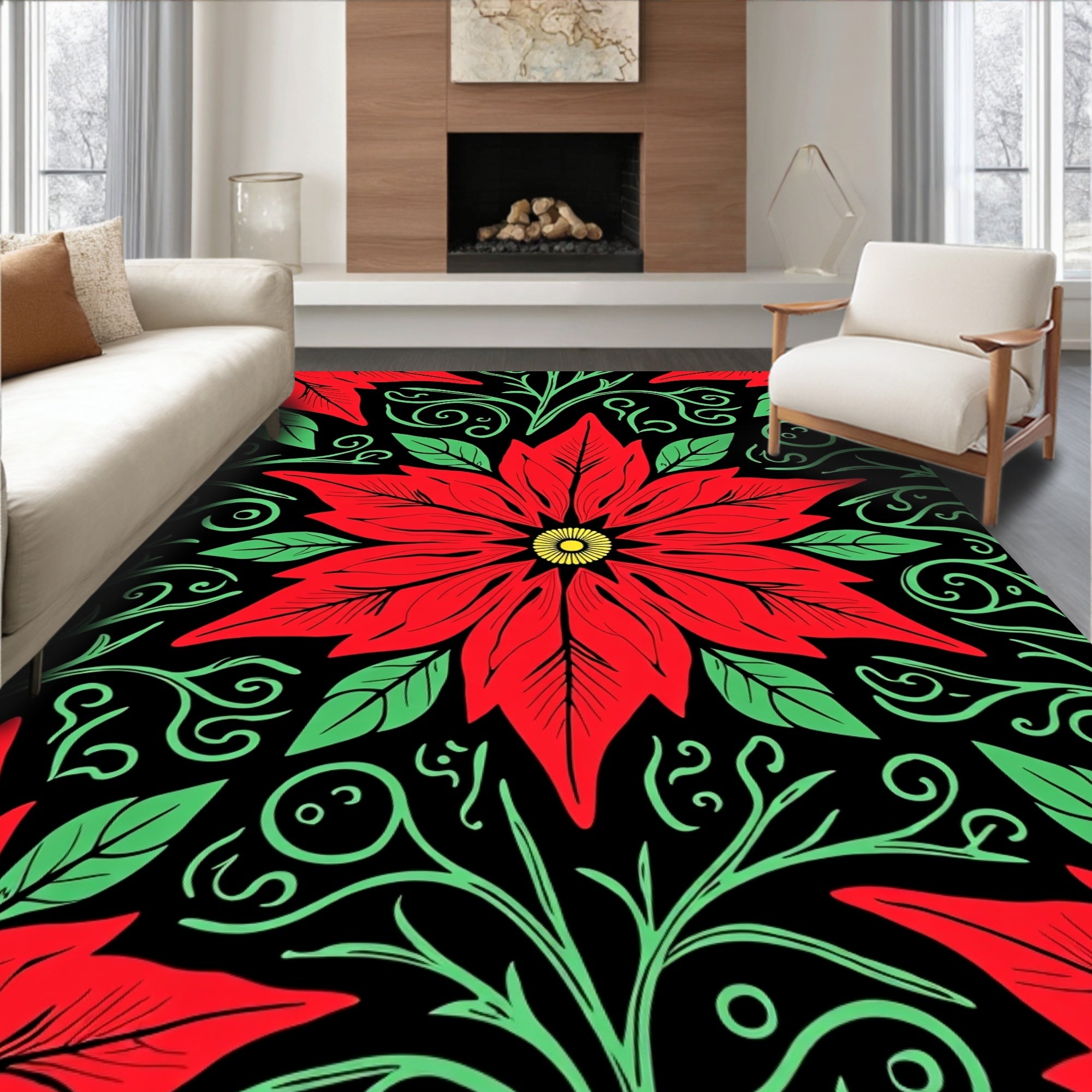 Bold Red Flower With Green Vines Rug