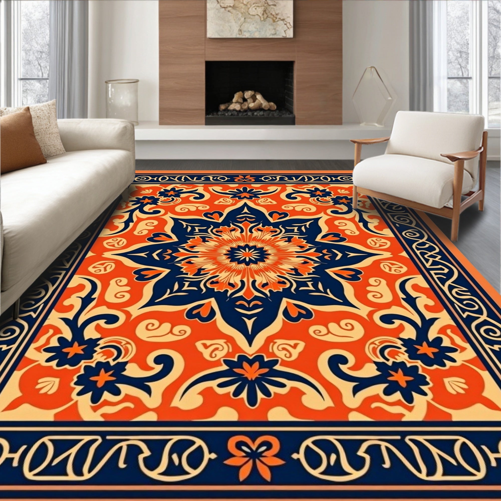 Bold Orange Navy Floral Medallion Pattern Rug