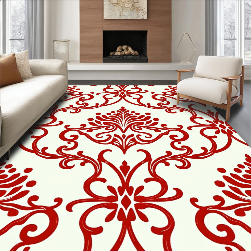 Classic Red Floral Damask Pattern Rug