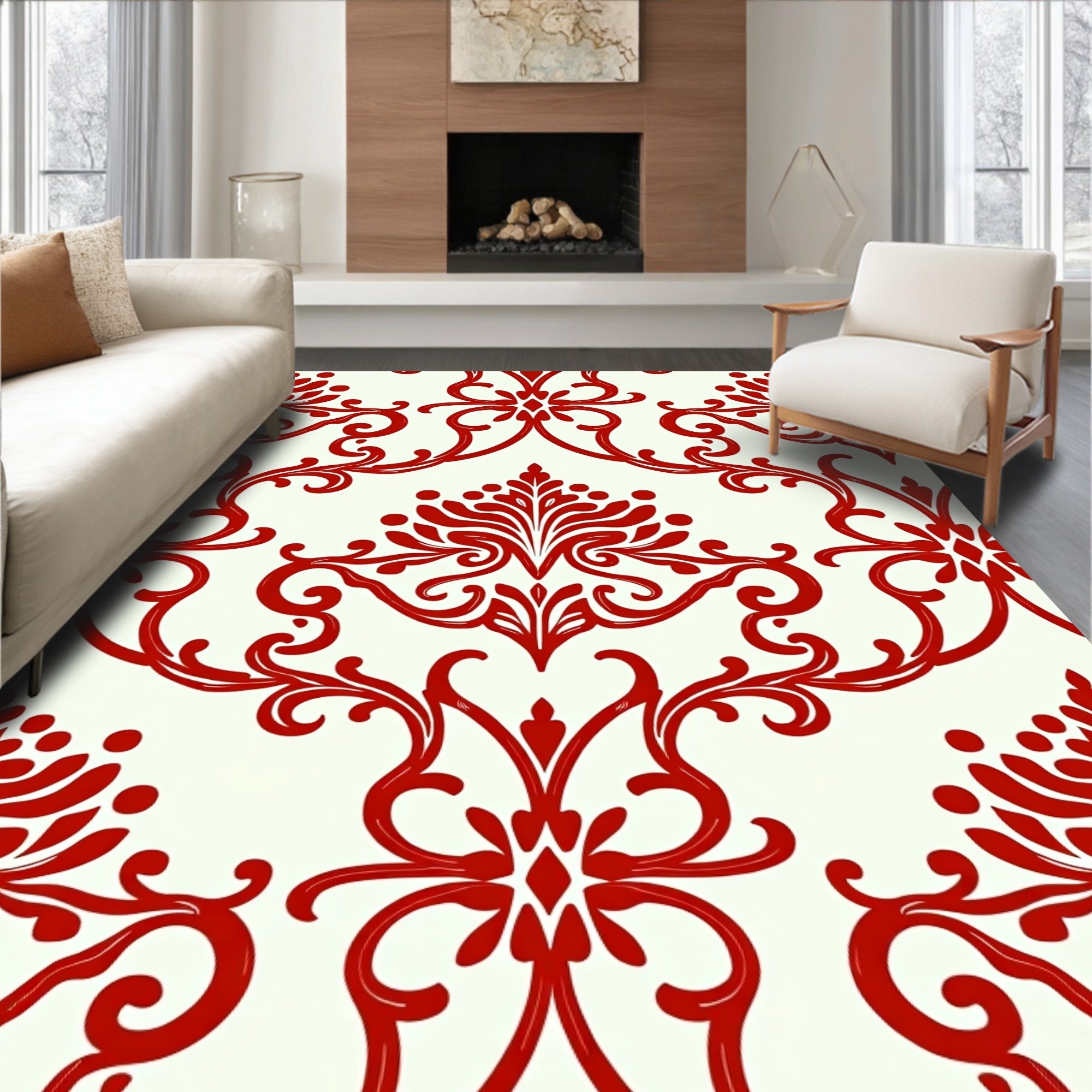 Classic Red Floral Damask Pattern Rug