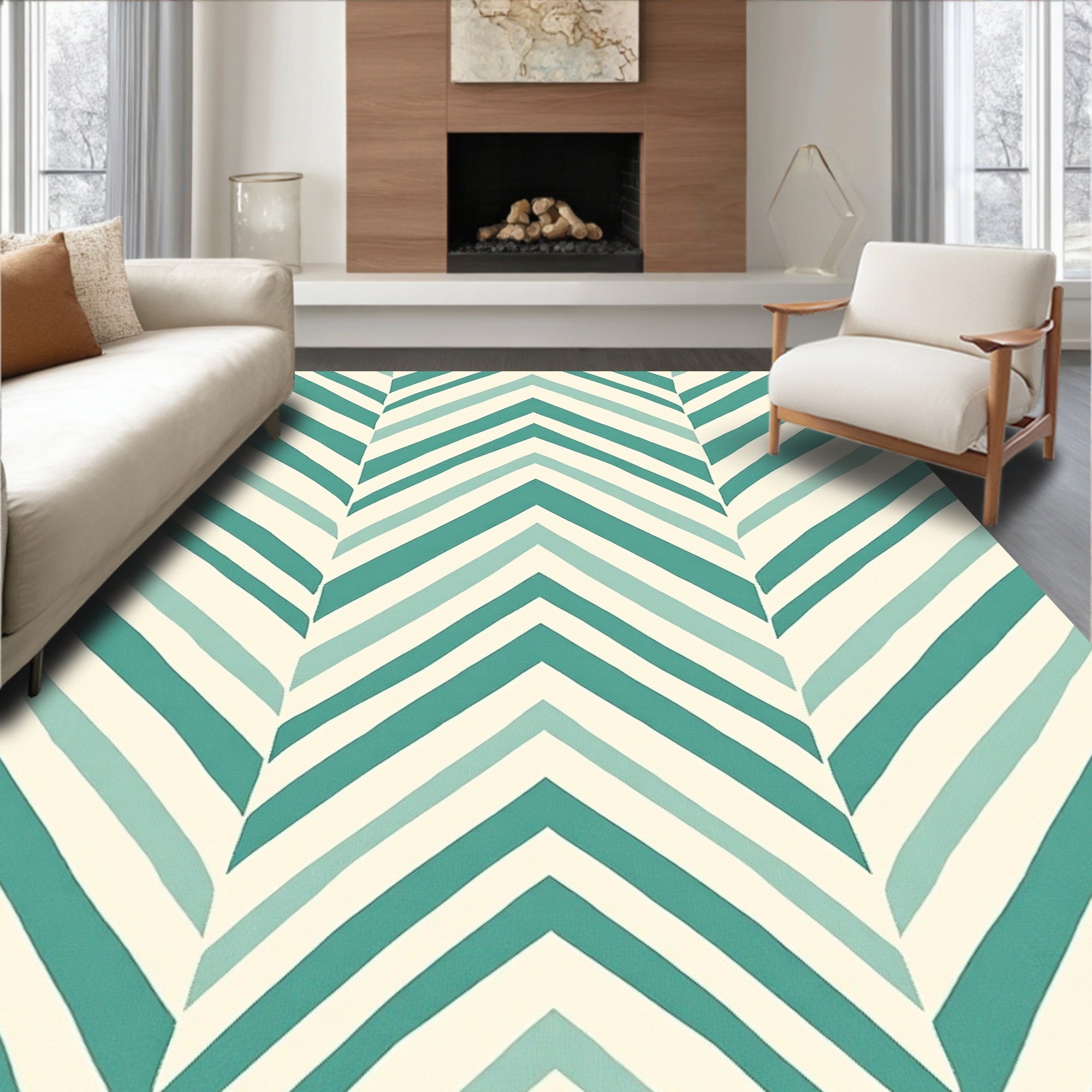 Teal Cream Chevron Patterned Rug
