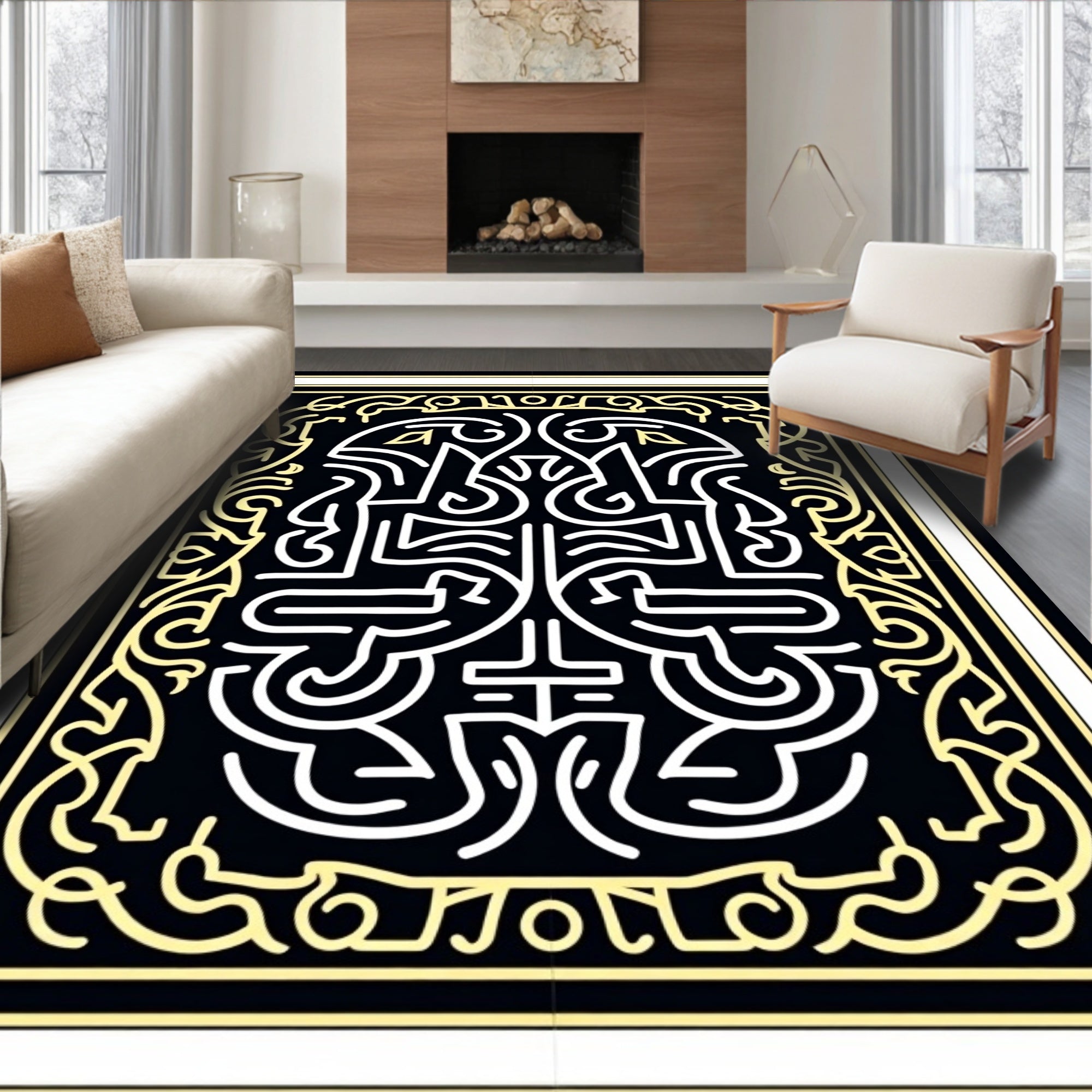 Intricate Black Yellow Abstract Design Rug