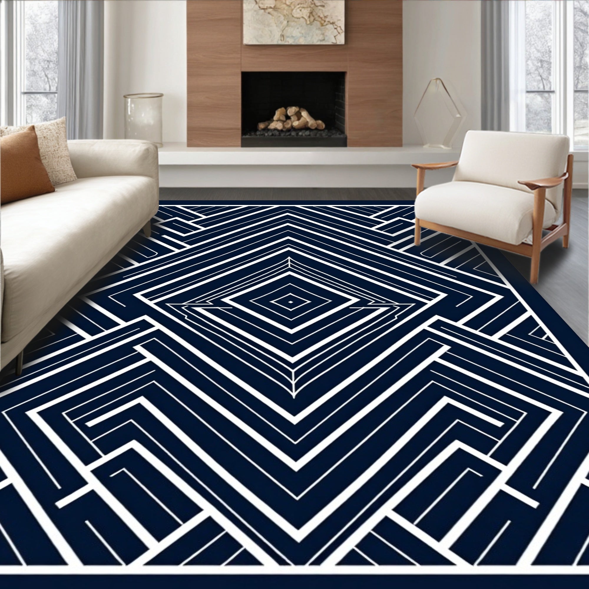 Sharp Geometric Art Deco Navy Diamond Rug