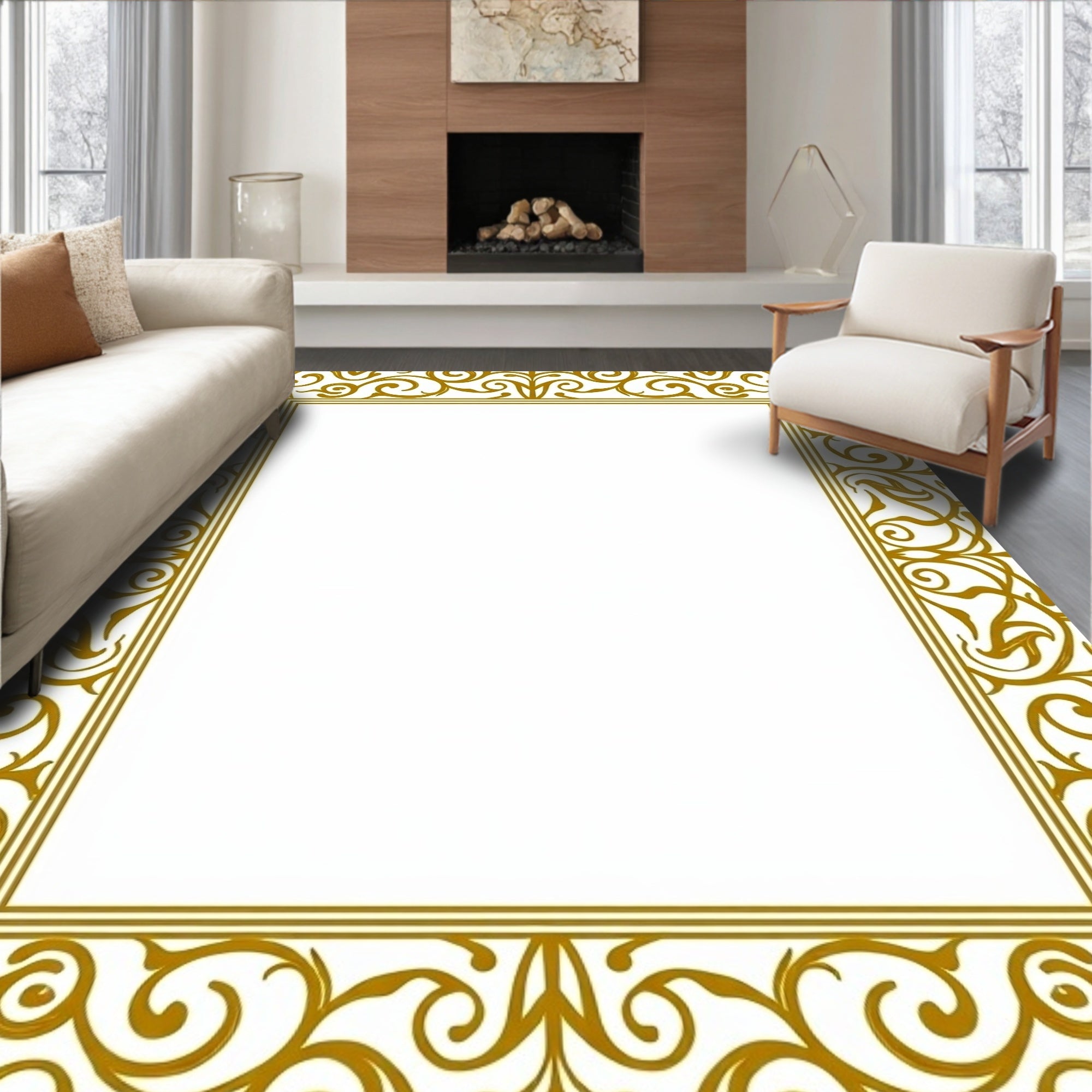 Ornate Gold Swirl Scroll Border Pattern Rug