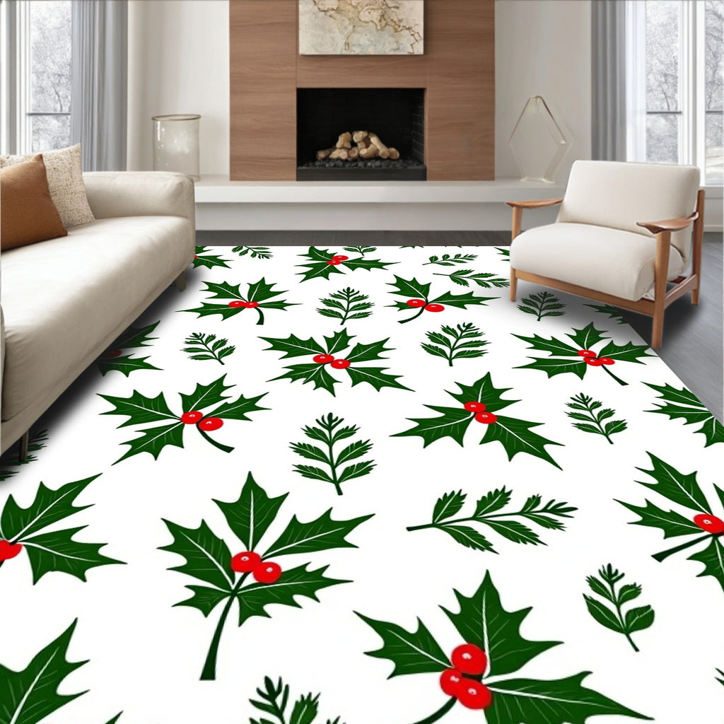 Holly Berries Festive Green Leaves Rug