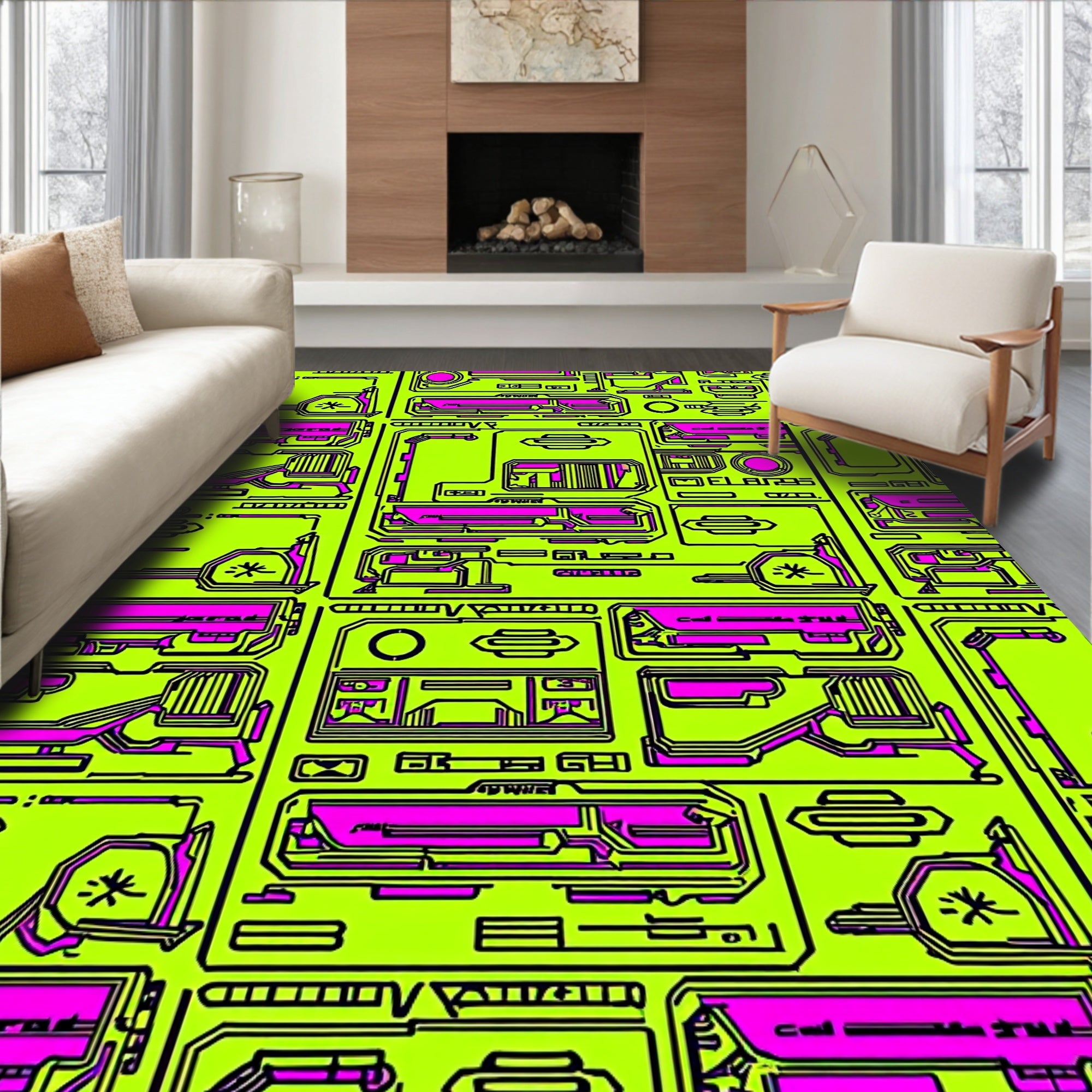 Neon Pink Geometric Futuristic Design Rug
