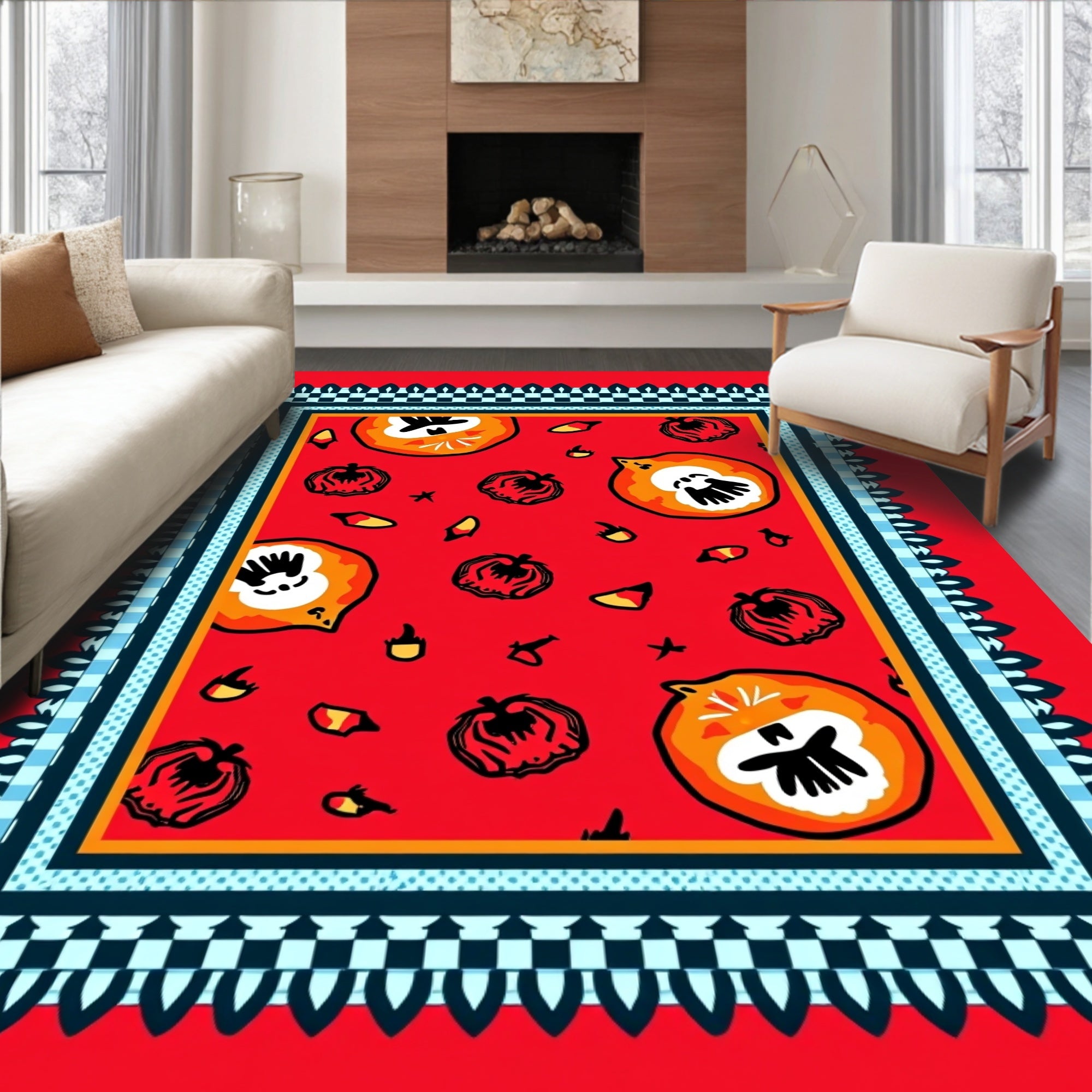 Whimsical Pumpkin Pattern Bordered Rug