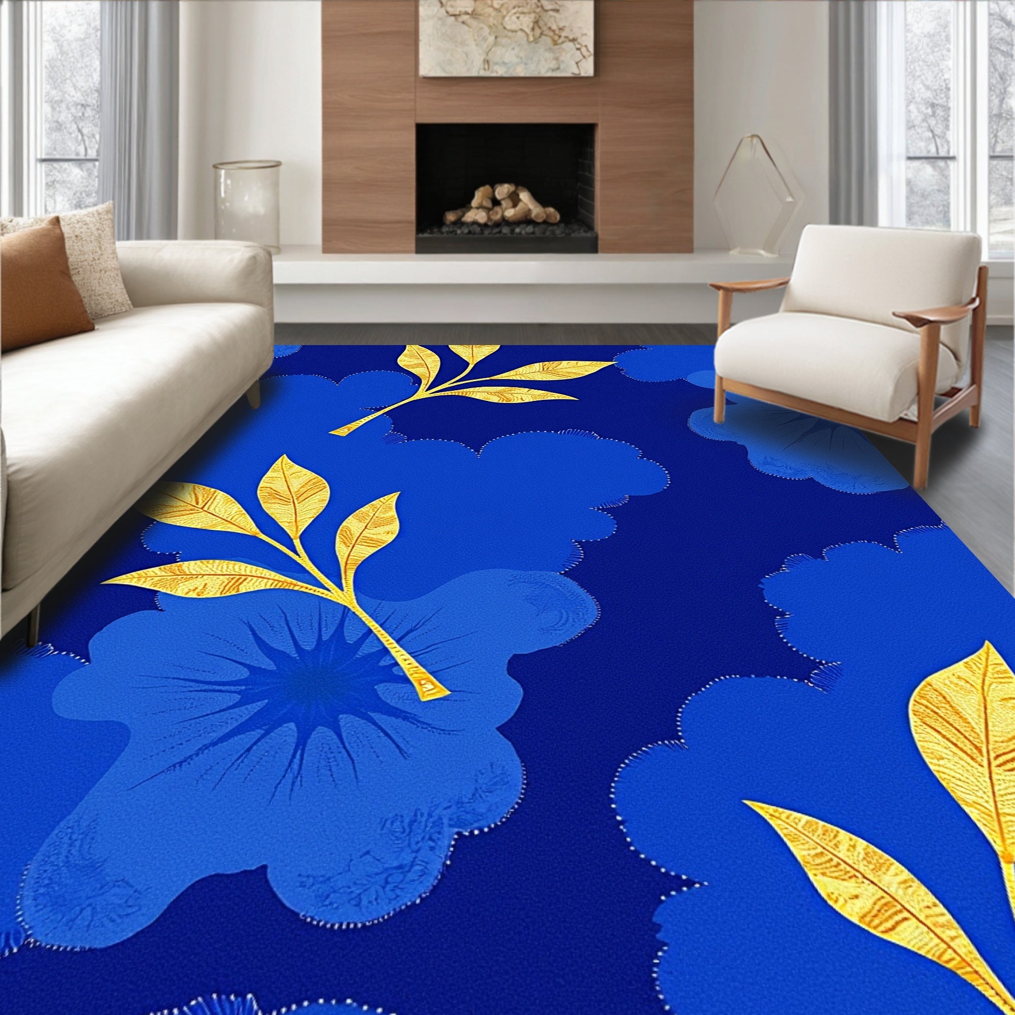 Royal Blue And Gold Floral Pattern Rug