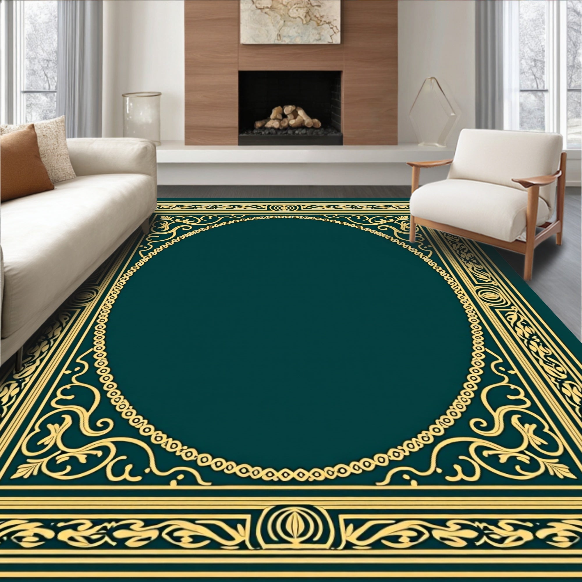 Ornate Golden Oval Scrollwork Rug
