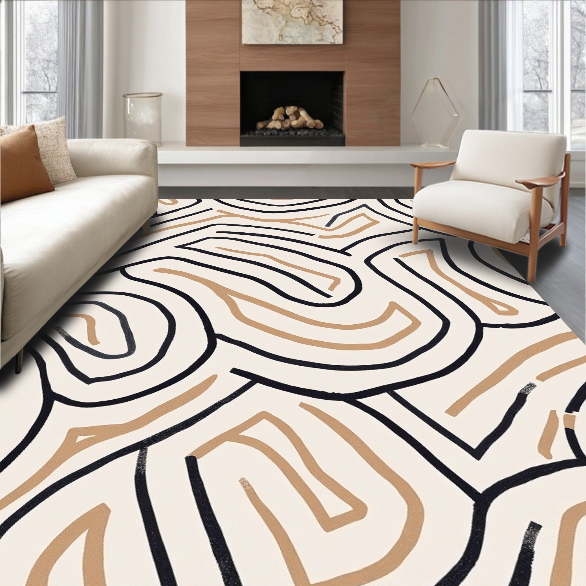 Organic Lines Beige Black Pattern Rug