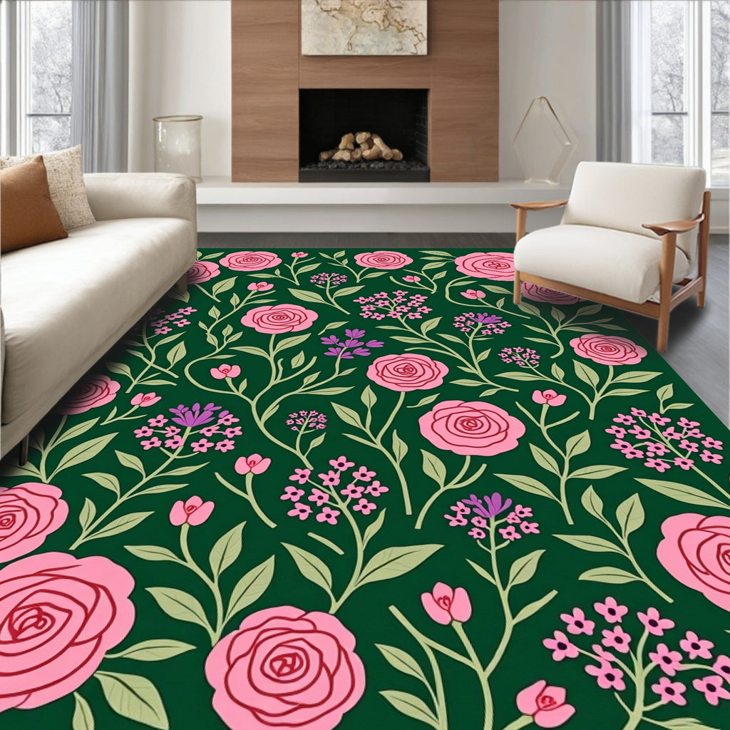 Pink Roses Greenery Floral Pattern Rug