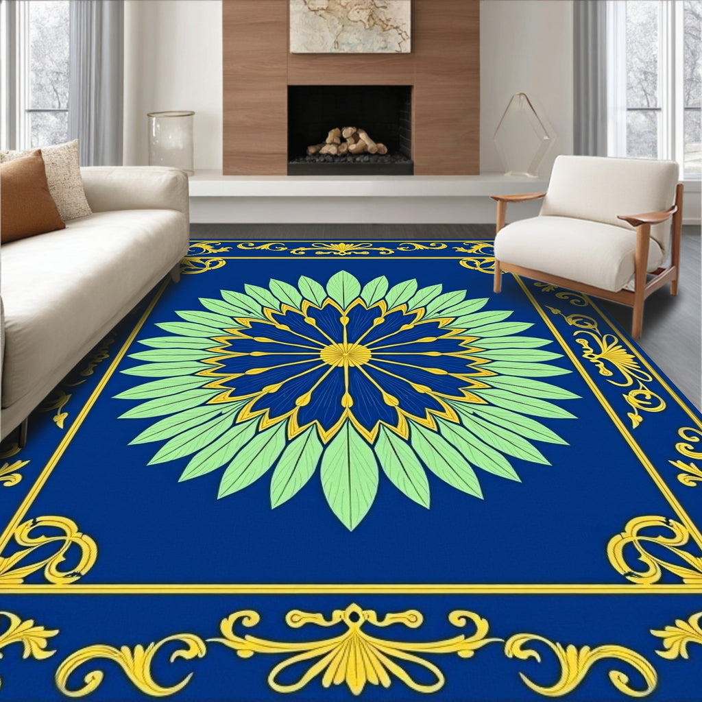 Intricate Blue Gold Floral Mandala Rug