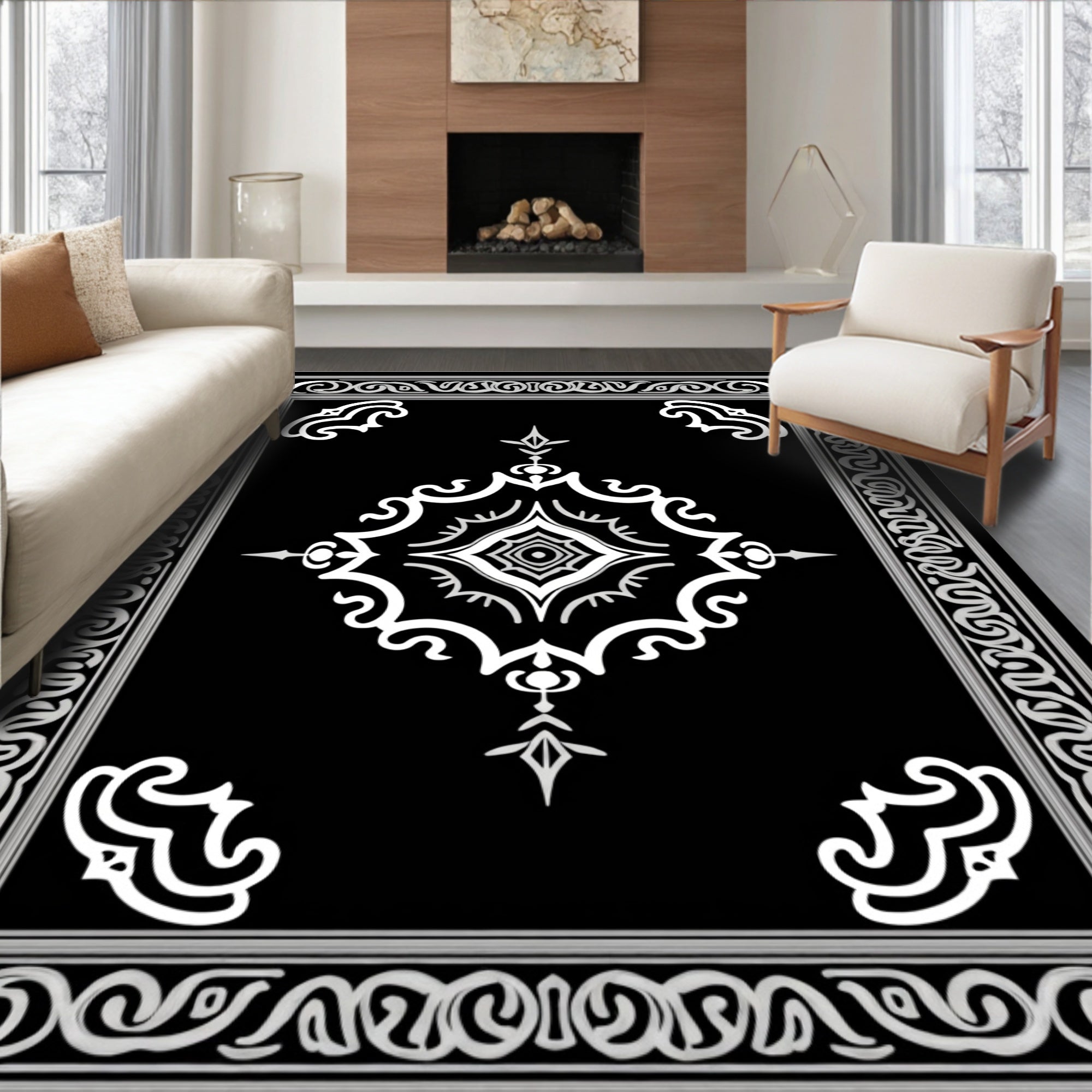Intricate Black White Floral Medallion Rug