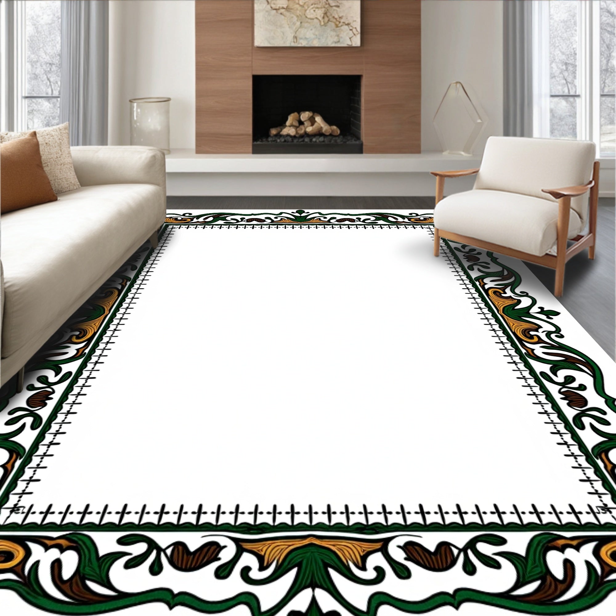 Ornate Green Gold Floral Pattern Rug