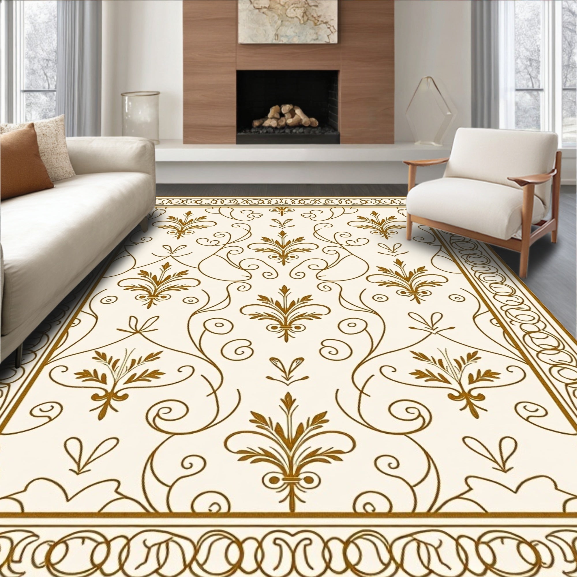 Classic Floral Swirls Bordered Cream Rug