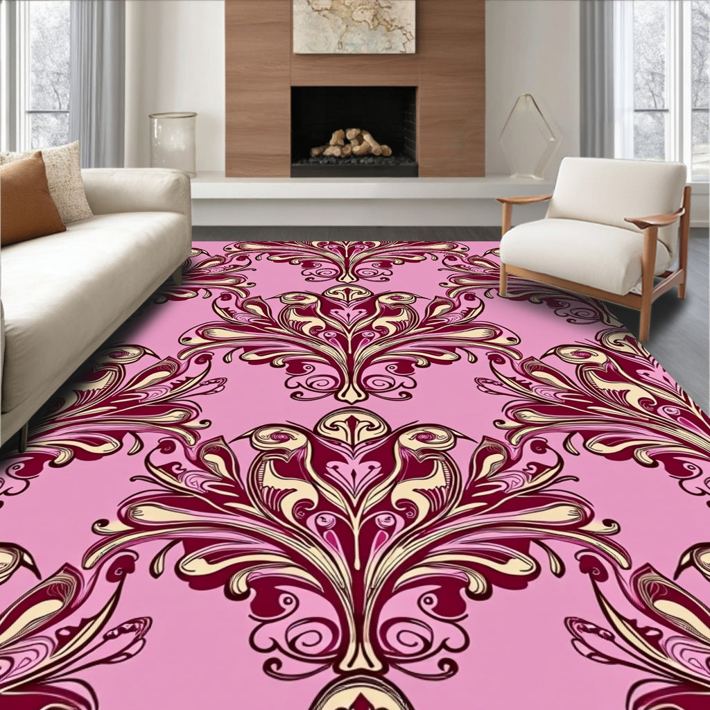 Ornate Floral Damask Pink Pattern Rug