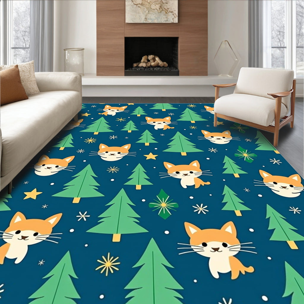 Cute Orange Cats Green Trees Pattern Rug